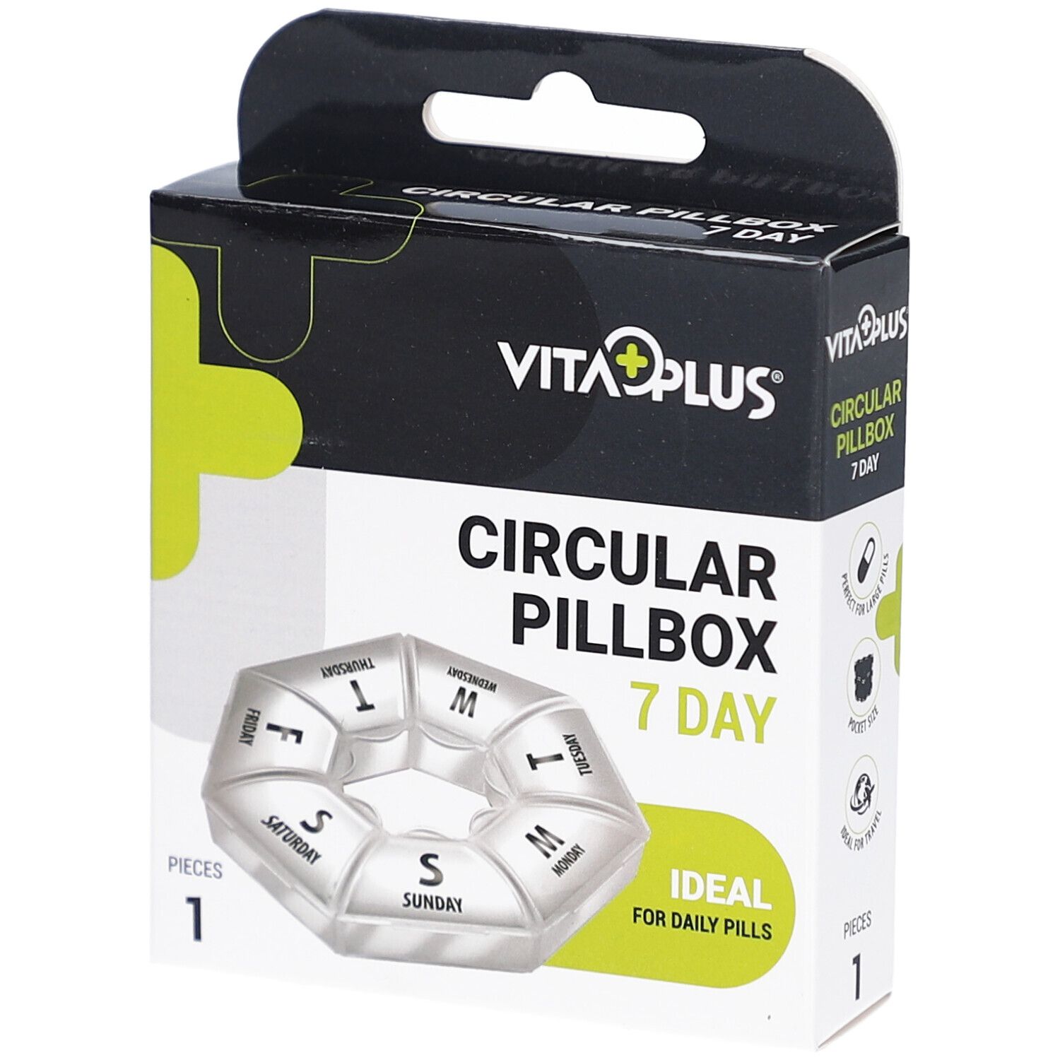 Runde Pillenbox mit 7 Fächern. Schwarze Verpackung mit Produktnamen und Logo. Ideal für tägliche Pillen.