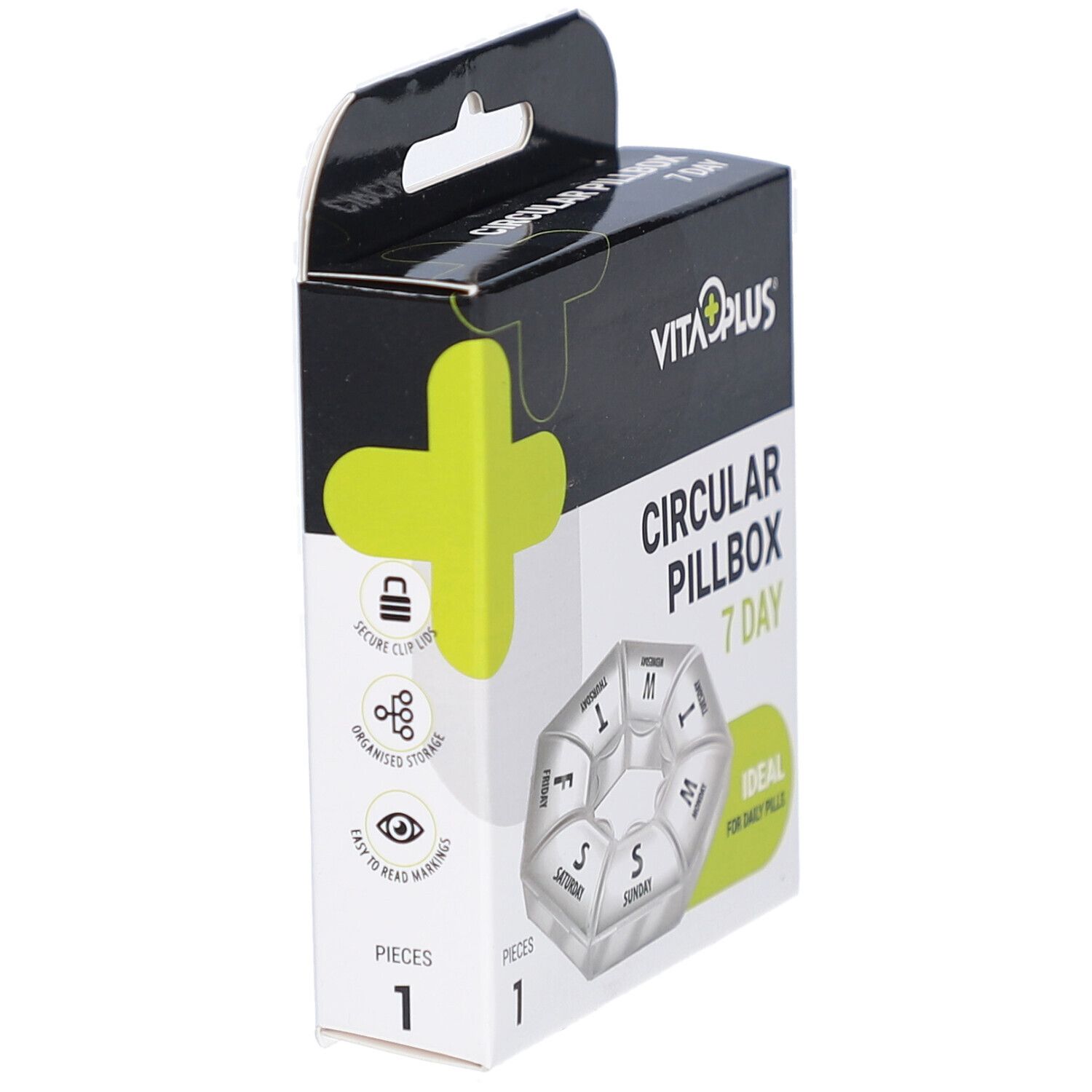 Pillenbox in Verpackung. Schwarze Verpackung mit Produktnamen und Logo. 7-Tage-Box mit Fächern.