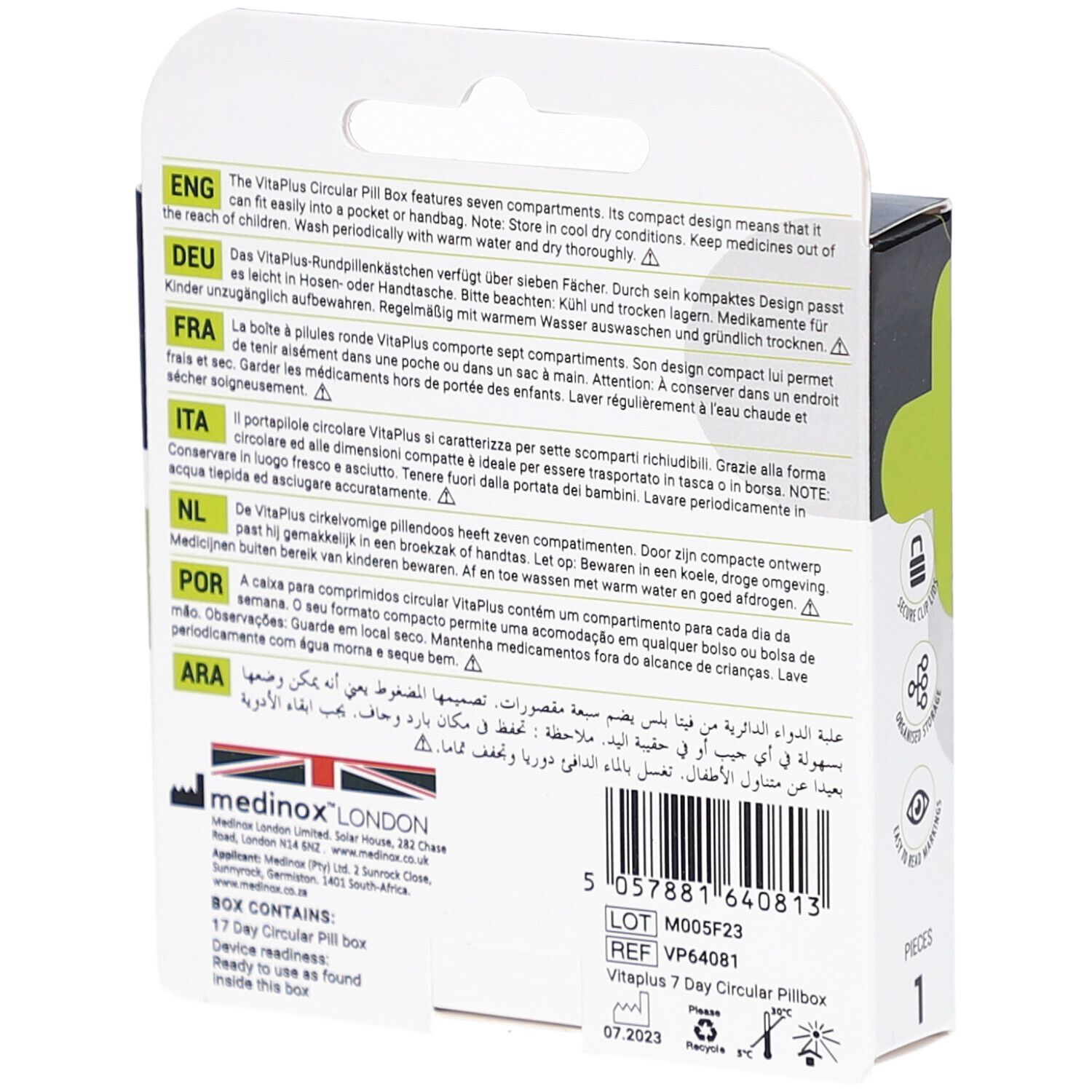 Rückseite der Verpackung. Text in mehreren Sprachen. Informationen zum Produkt und Hersteller.