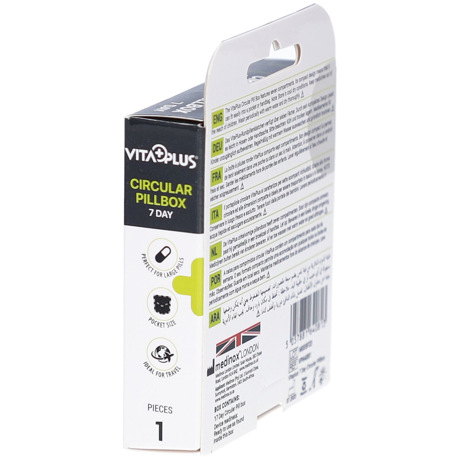 Verpackung mit Produktinformationen. Schwarze Verpackung mit Logo und Text. Ideal für Reisen.