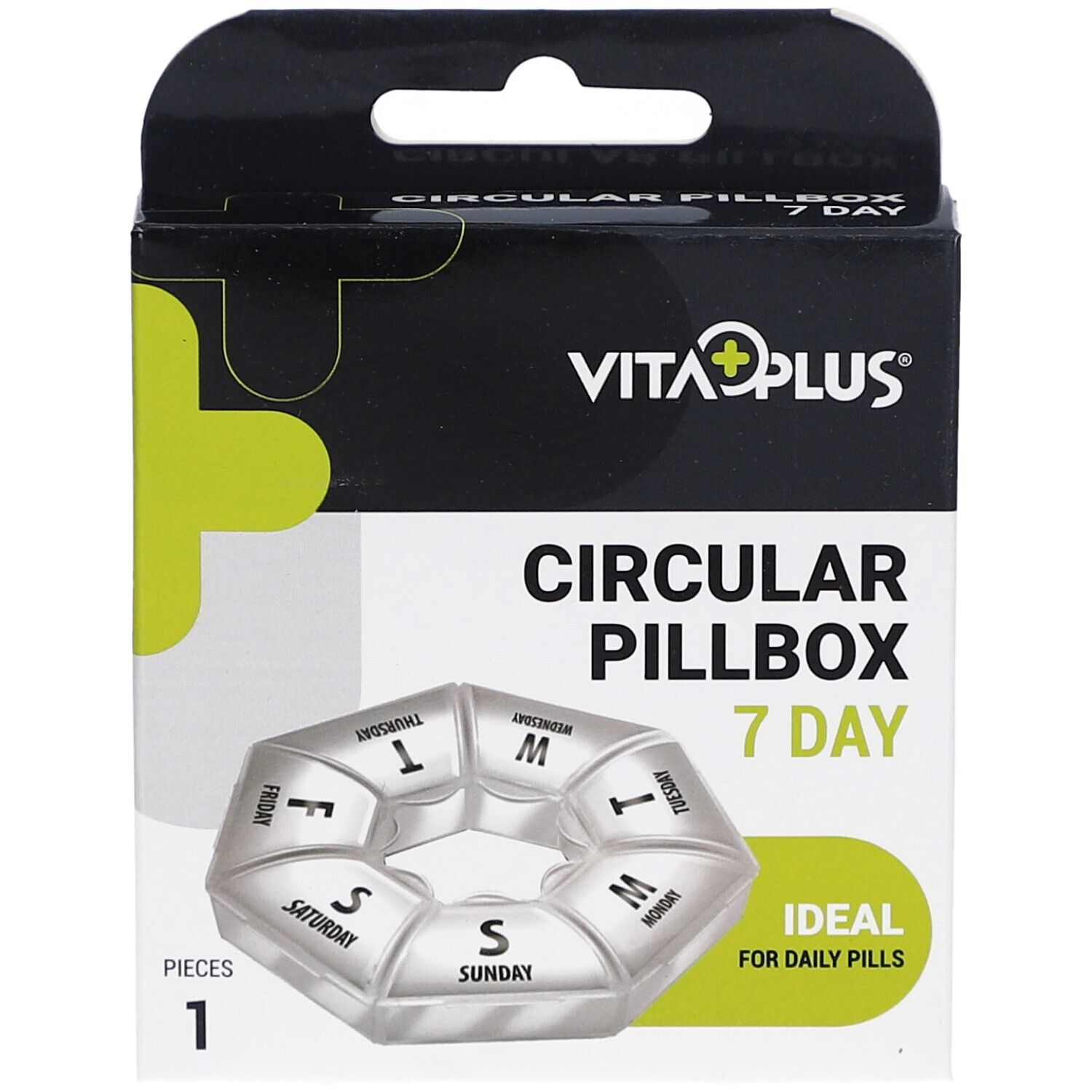 Pillenbox mit 7 Fächern. Schwarze Verpackung mit Produktnamen und Logo. Ideal für tägliche Pillen.