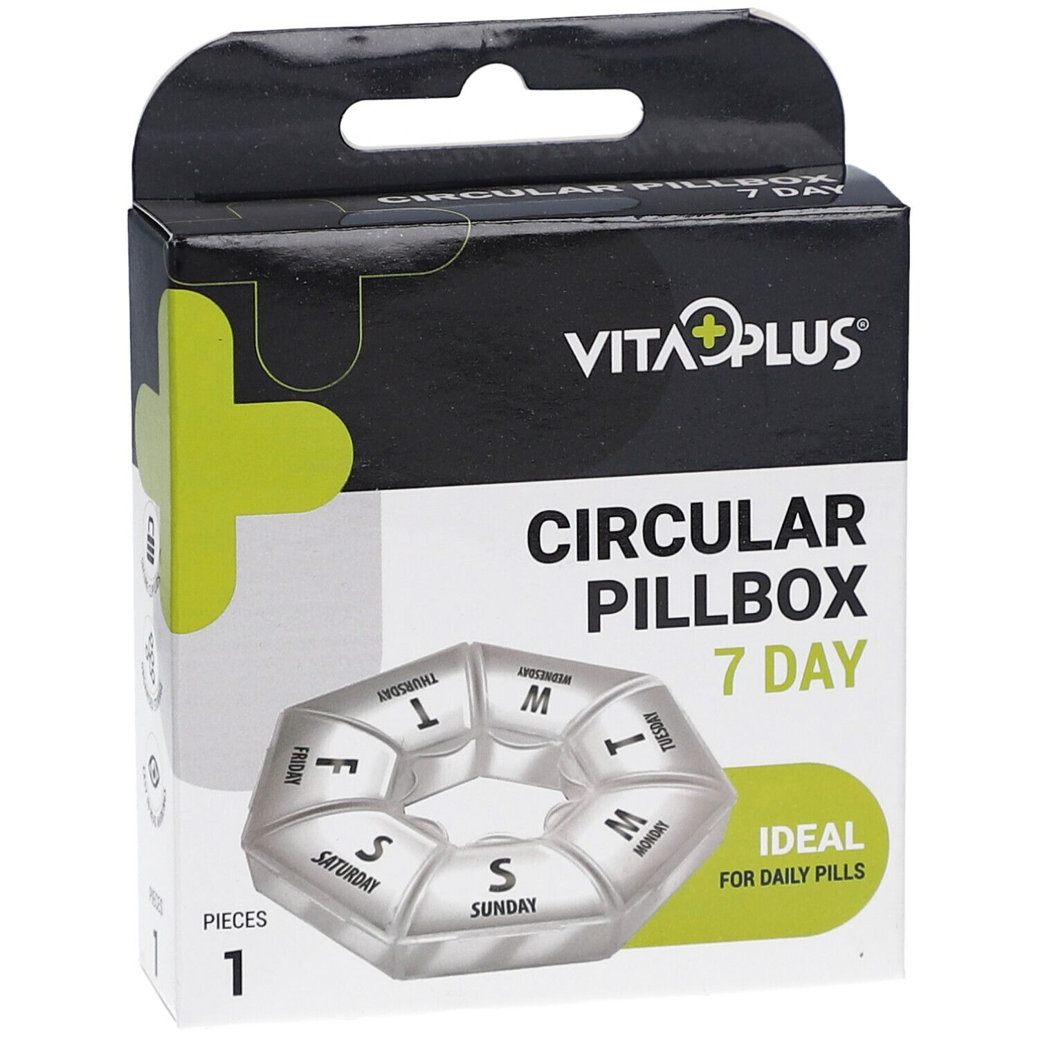 Pillenbox mit 7 Fächern. Schwarze Verpackung mit Produktnamen und Logo. Ideal für tägliche Pillen.