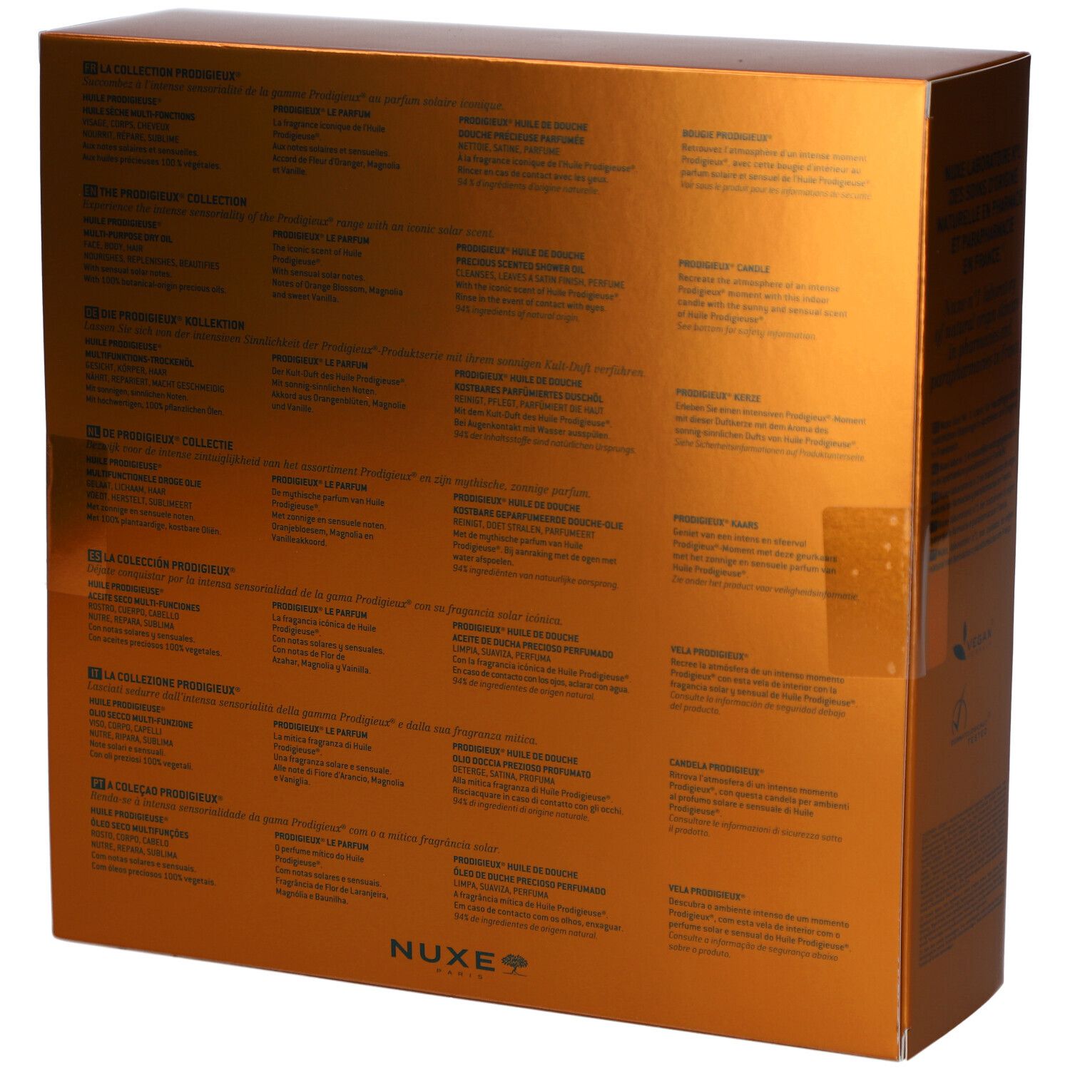 Rückseite der goldfarbenen Geschenkbox mit Text. Markenname Nuxe. Produktinformationen in mehreren Sprachen.