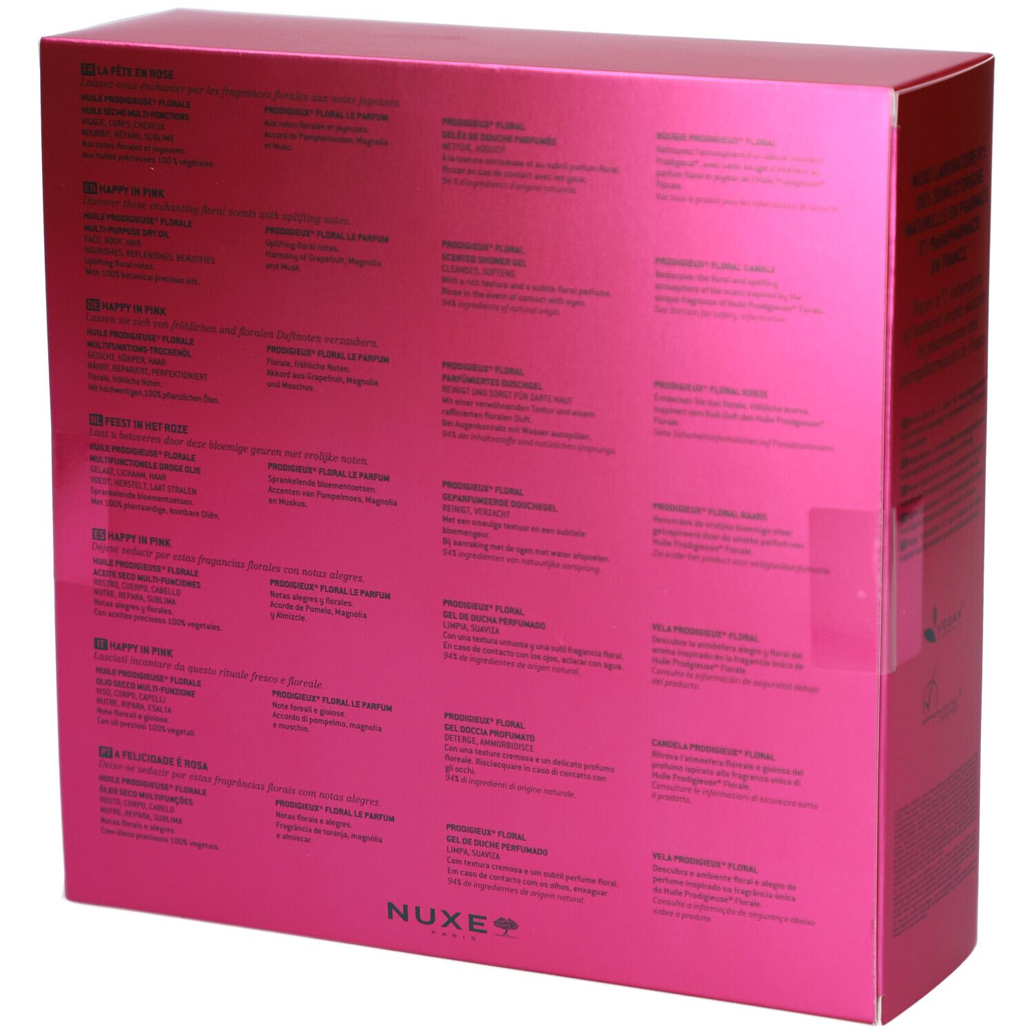 Dos du coffret rose. Texte en plusieurs langues. Logo Nuxe.