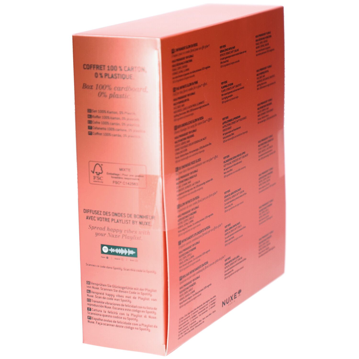 Rosa Geschenkbox mit Text. Text: Coffret 100% carton, 0% plastique. FSC-Logo. Text: Nuxe Paris, Spotify-Code.