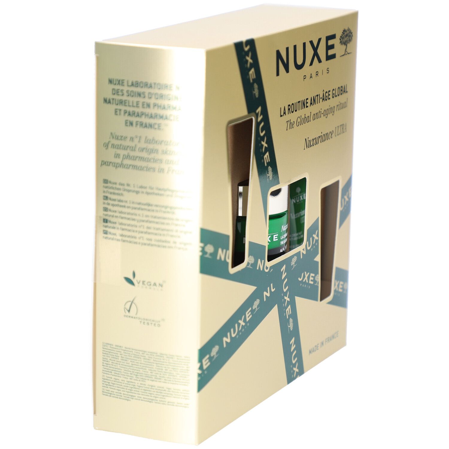 Seitenansicht der Geschenkbox mit Nuxe-Produkten. Zeigt die Verpackung mit Produktnamen und Logo. Vegan-Logo sichtbar.