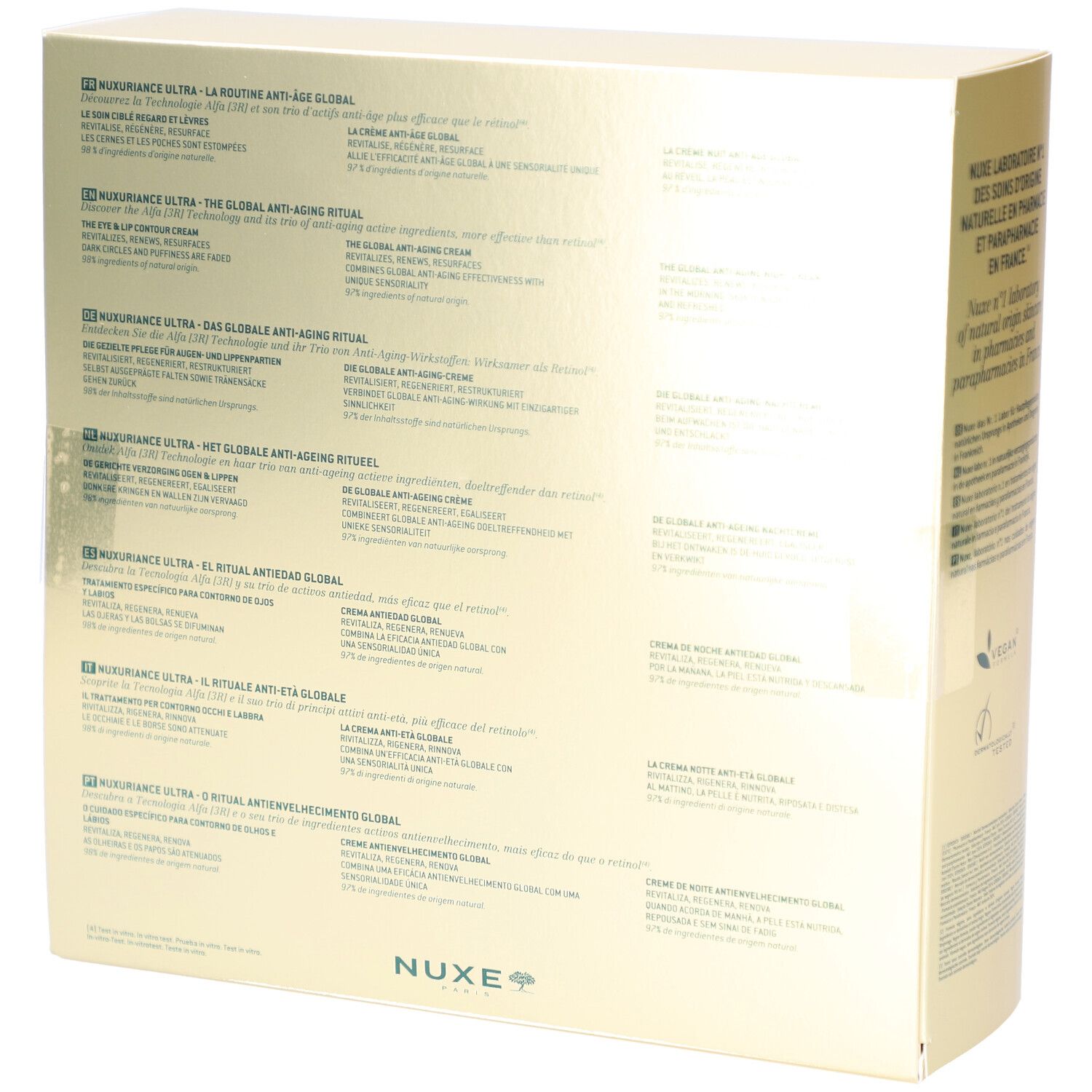 Rückseite der Geschenkbox mit Text in mehreren Sprachen. Enthält Produktinformationen und Nuxe-Logo.