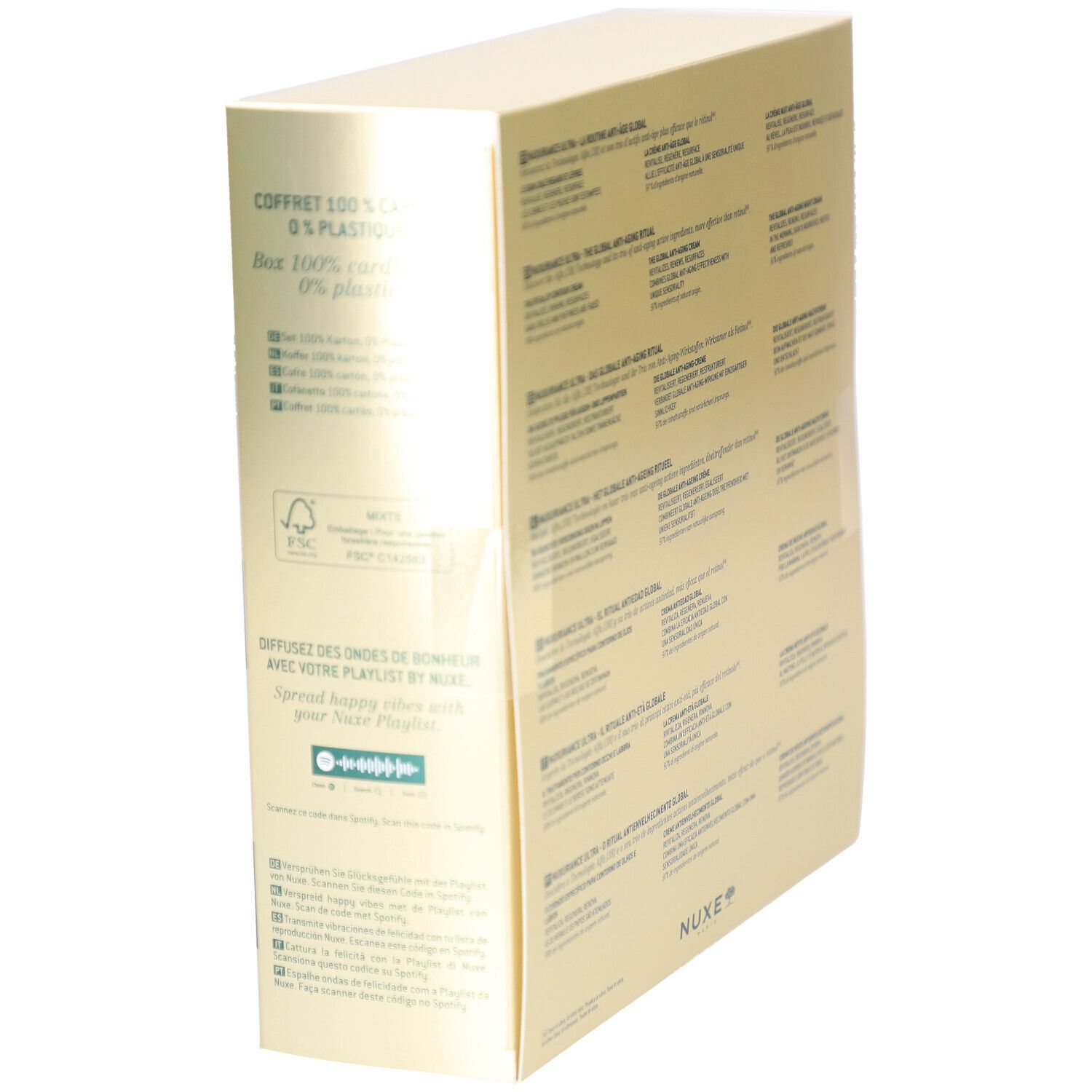 Rückseite der Geschenkbox mit Text und Logos. Enthält Informationen zur Verpackung und das Nuxe-Logo.