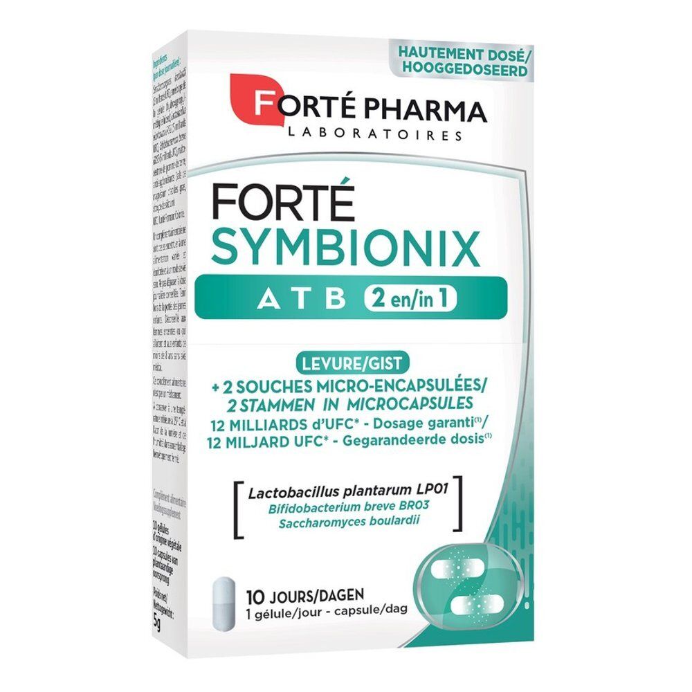 Boîte Forté Pharma Symbionix ATB 2 en 1. Contient des gélules. Inscription: 10 jours/dagen. 5g.