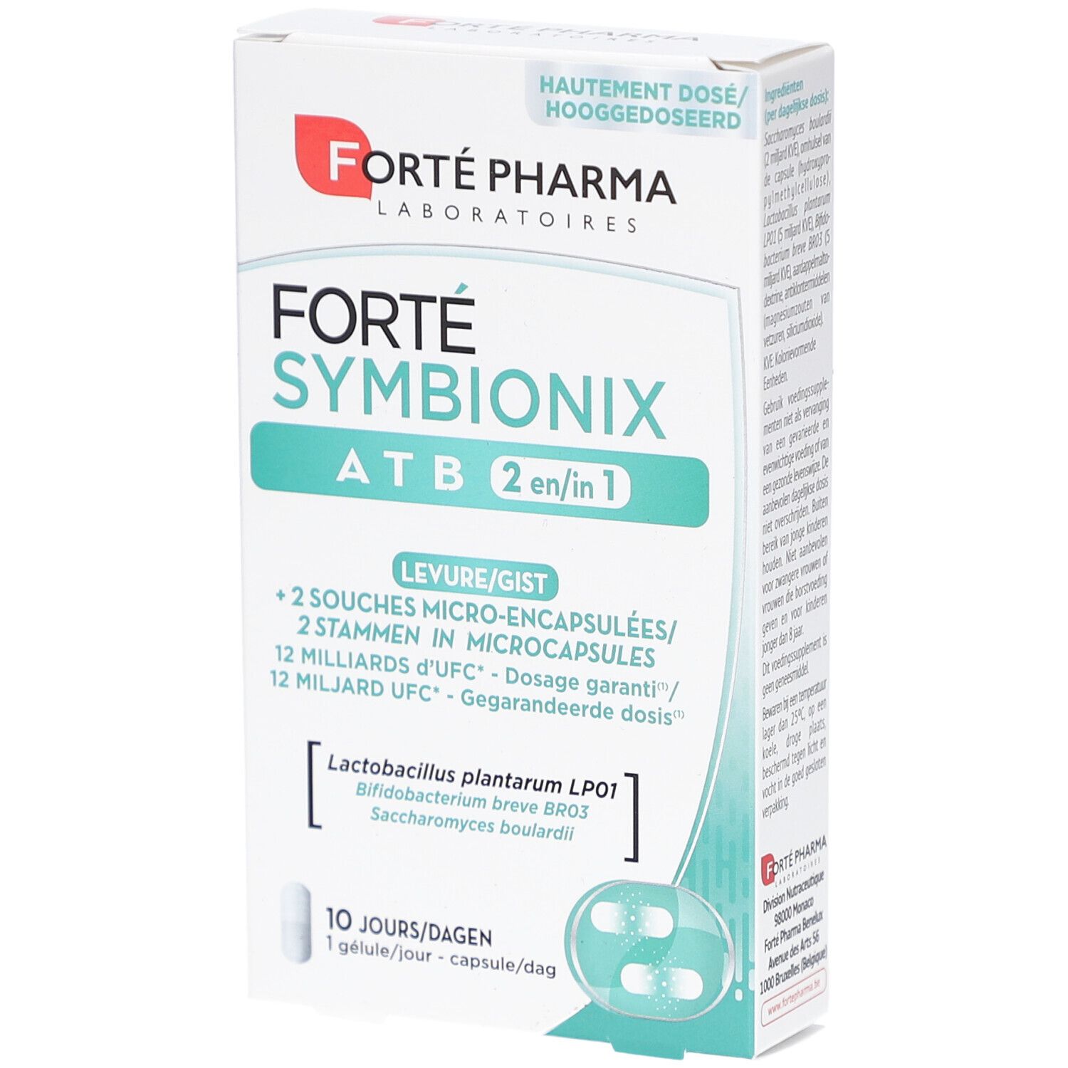 Schachtel Forté Pharma Symbionix ATB 2-en-1. Enthält Kapseln. Aufschrift: 10 jours/dagen. 1 gelule/jour/capsule/dag.