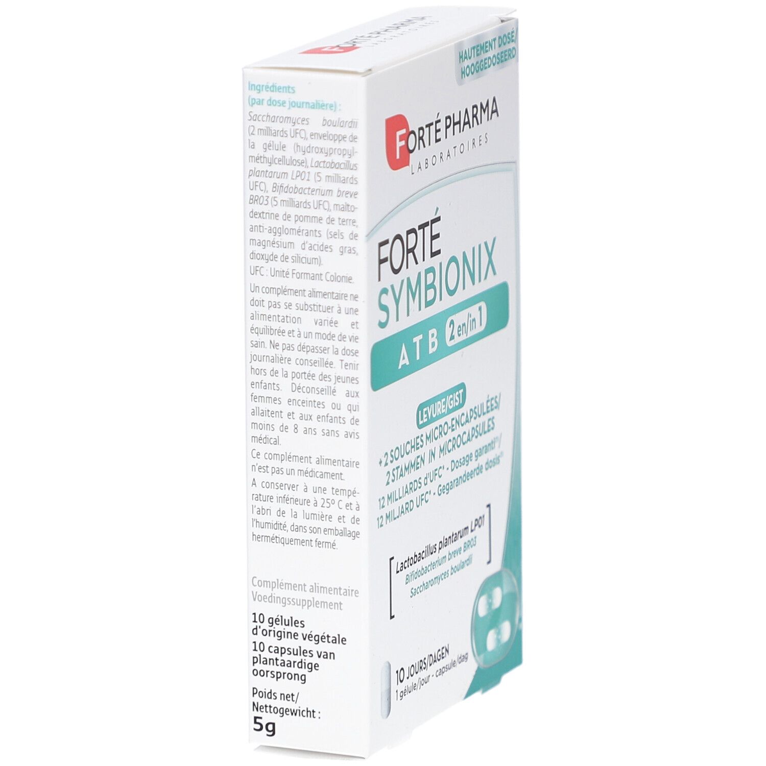 Weiße Schachtel Forté Pharma Symbionix ATB 2-en-1. Enthält 10 Kapseln. Aufschrift: 10 jours/dagen. 5g.