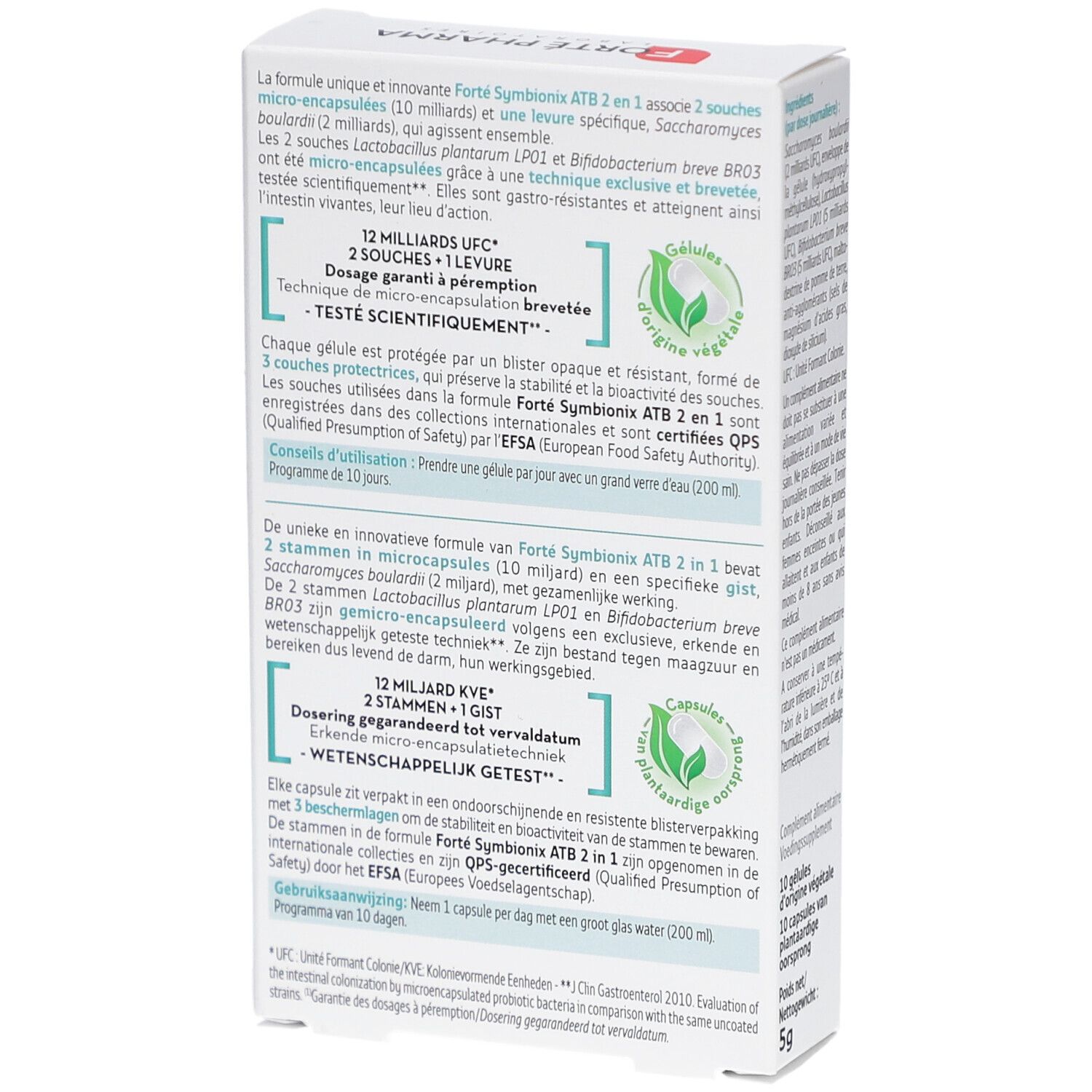 Rückseite der Schachtel Forté Pharma Symbionix ATB 2-en-1. Text in Deutsch, Französisch und Niederländisch. Grün-weiße Logos.