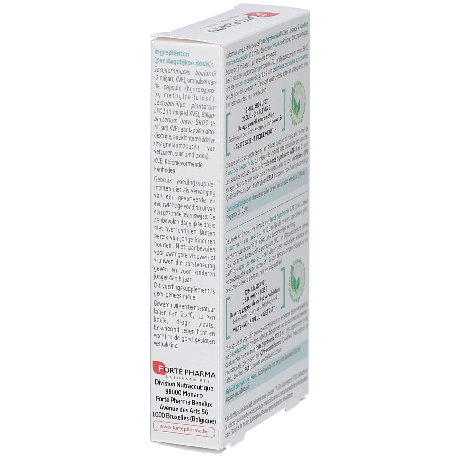 Seitenansicht der Schachtel Forté Pharma Symbionix ATB 2-en-1. Text in Deutsch, Französisch und Niederländisch. Logos.