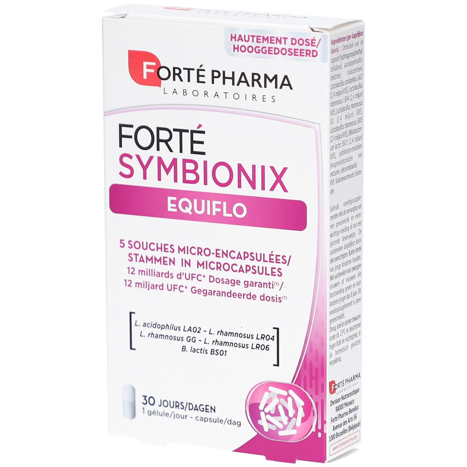 Forté Pharma Symbionix Equiflo. Weiße Schachtel mit Produktinformationen. Enthält 30 Kapseln. Logo und Produktname deutlich sichtbar.