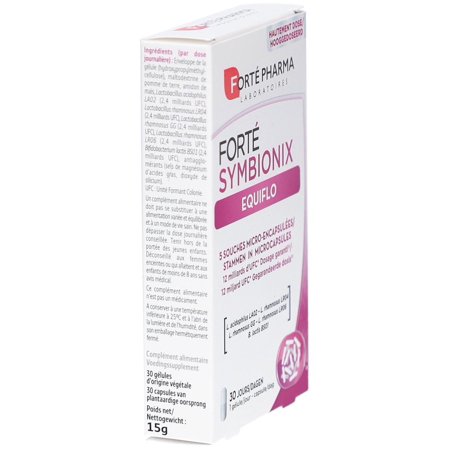Forté Pharma Symbionix Equiflo. Schachtel mit Produktinformationen. 30 Kapseln. Inhaltsstoffe und Dosierung sind angegeben. Meertalig.