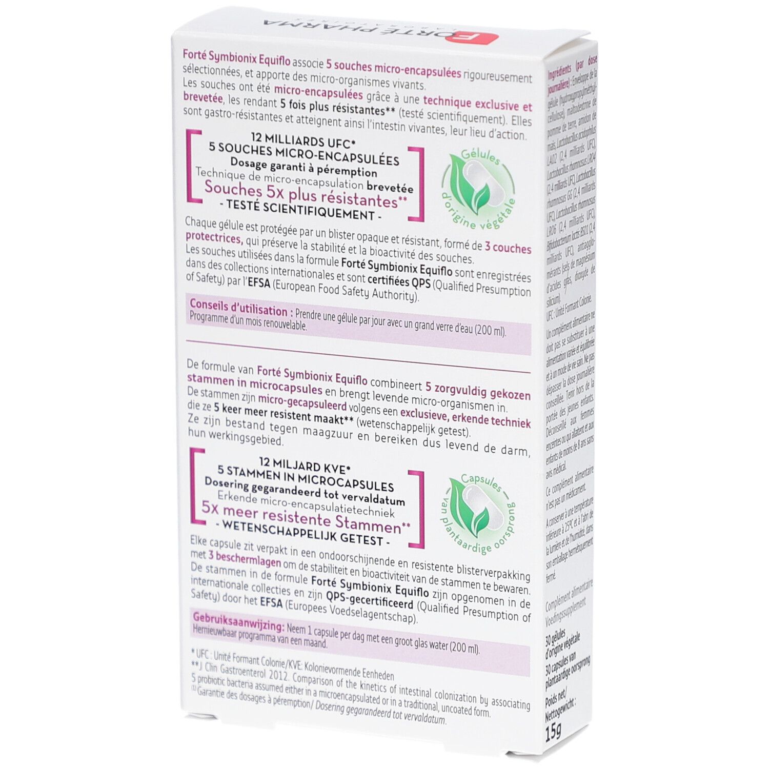 Rückseite der Forté Pharma Symbionix Equiflo Verpackung. Textinformationen über das Produkt. Enthält 15g. Mehrsprachig.