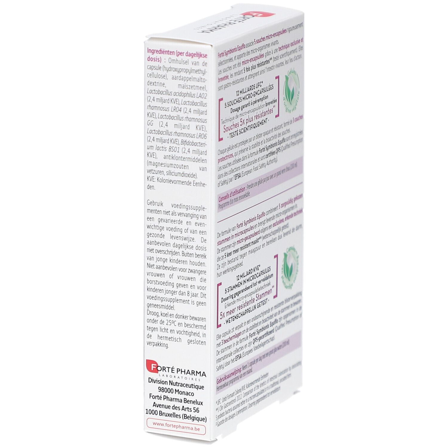 Forté Pharma Symbionix Equiflo Verpackung. Detailansicht der Inhaltsstoffe und Anwendungshinweise. Mehrsprachig.