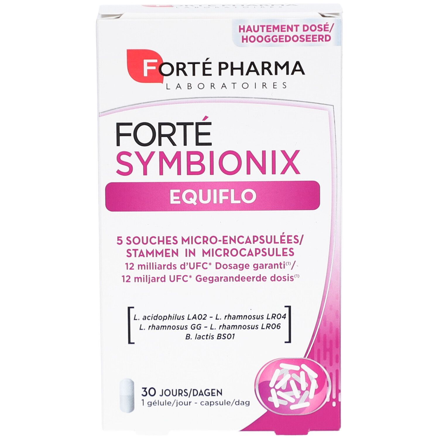 Forté Pharma Symbionix Equiflo. Weiße Schachtel mit Produktinformationen. 30 Kapseln. Logo und Produktname deutlich sichtbar.