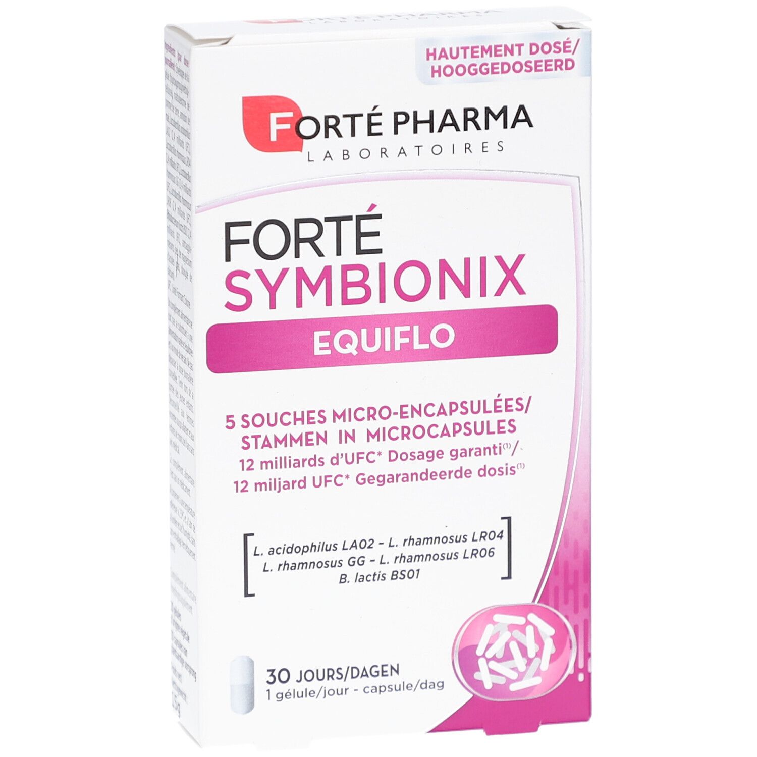 Forté Pharma Symbionix Equiflo. Weiße Schachtel mit Produktinformationen. 30 Kapseln. Logo und Produktname deutlich sichtbar.
