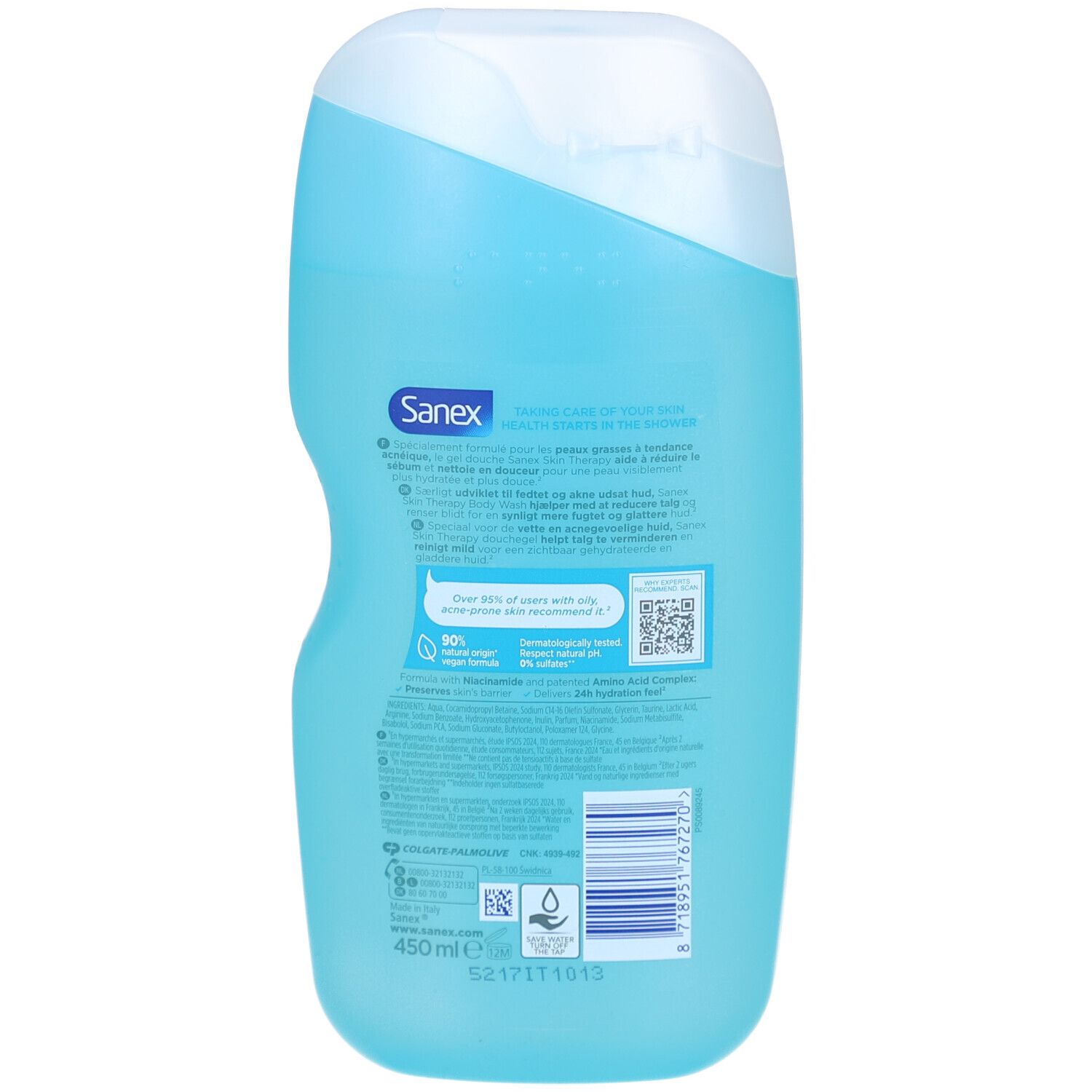 Dos d'un flacon bleu transparent. Logo Sanex. Texte multilingue. 450 ml. Symbole de recyclage. Code-barres.