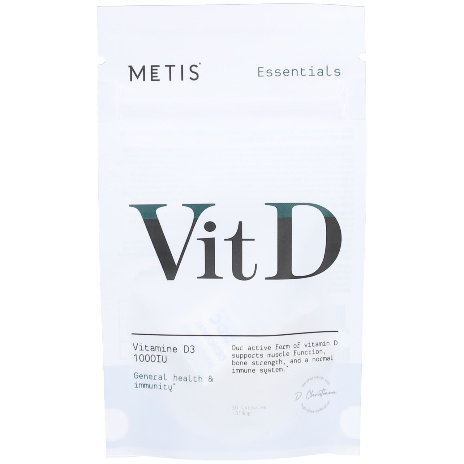 Weiße Verpackung mit METIS Essentials Vit D Aufschrift. Enthält Vitamin D3 1000IE. Text: General health & immunity.