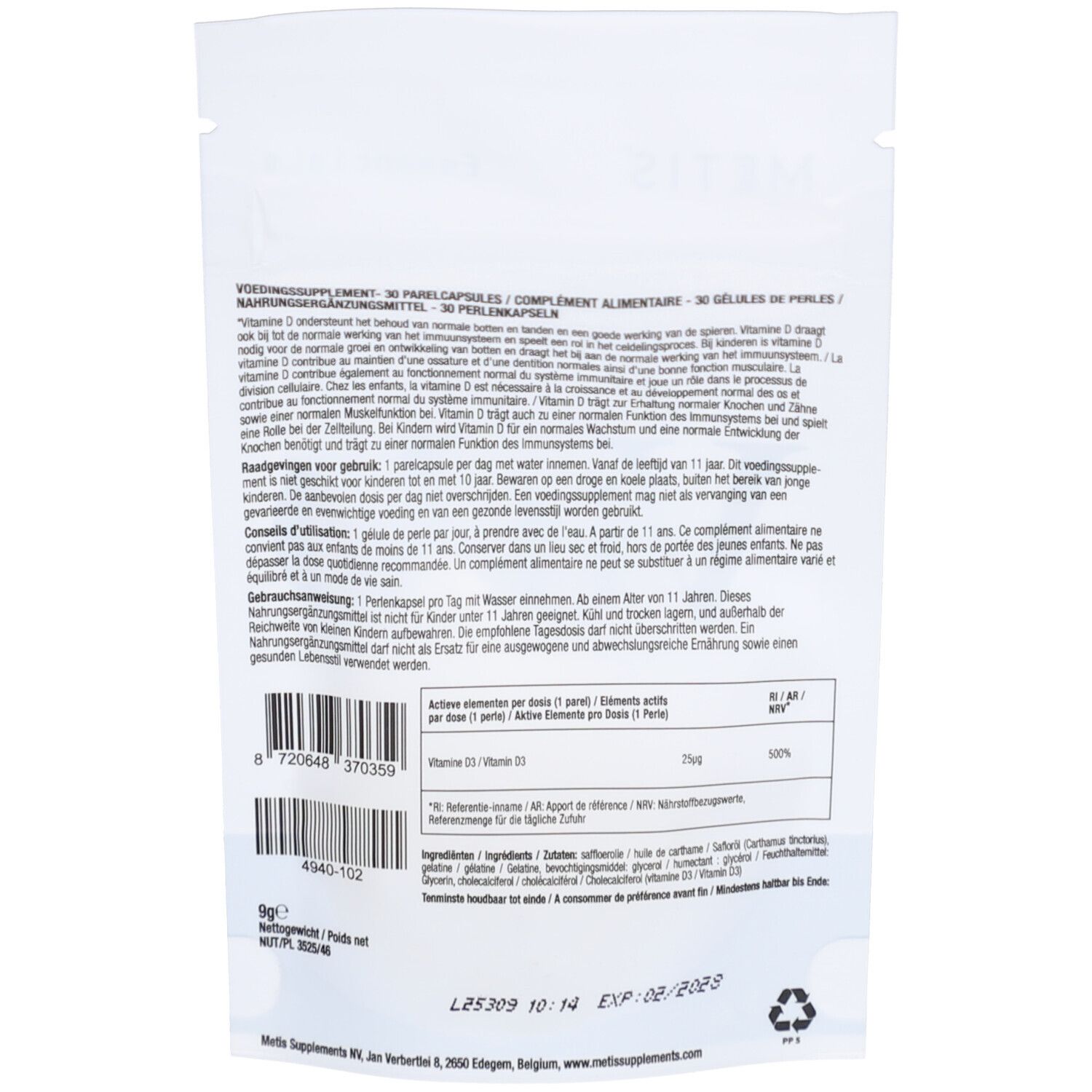 Rückseite der Verpackung mit Informationen in mehreren Sprachen. Enthält Nährwertangaben und Gebrauchsanweisung.