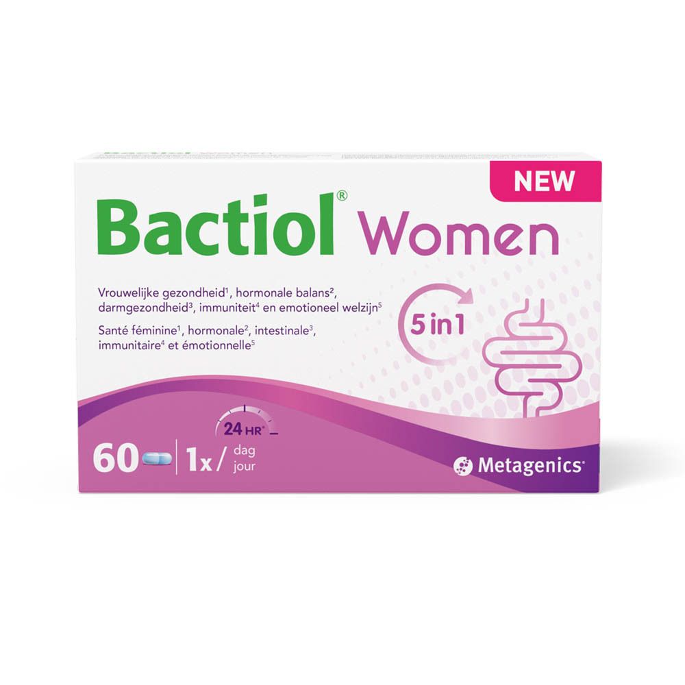 Weißer Karton mit Bactiol Women-Logo. Pinkfarbene Akzente. 60 Kapseln, 1x/Tag. „NEW“.