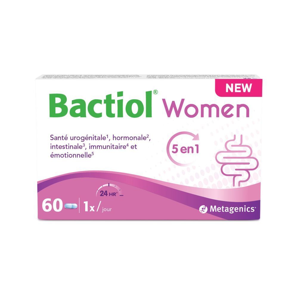 Boîte de Bactiol Women. Contient 60 gélules. Avec l'inscription "NEW".