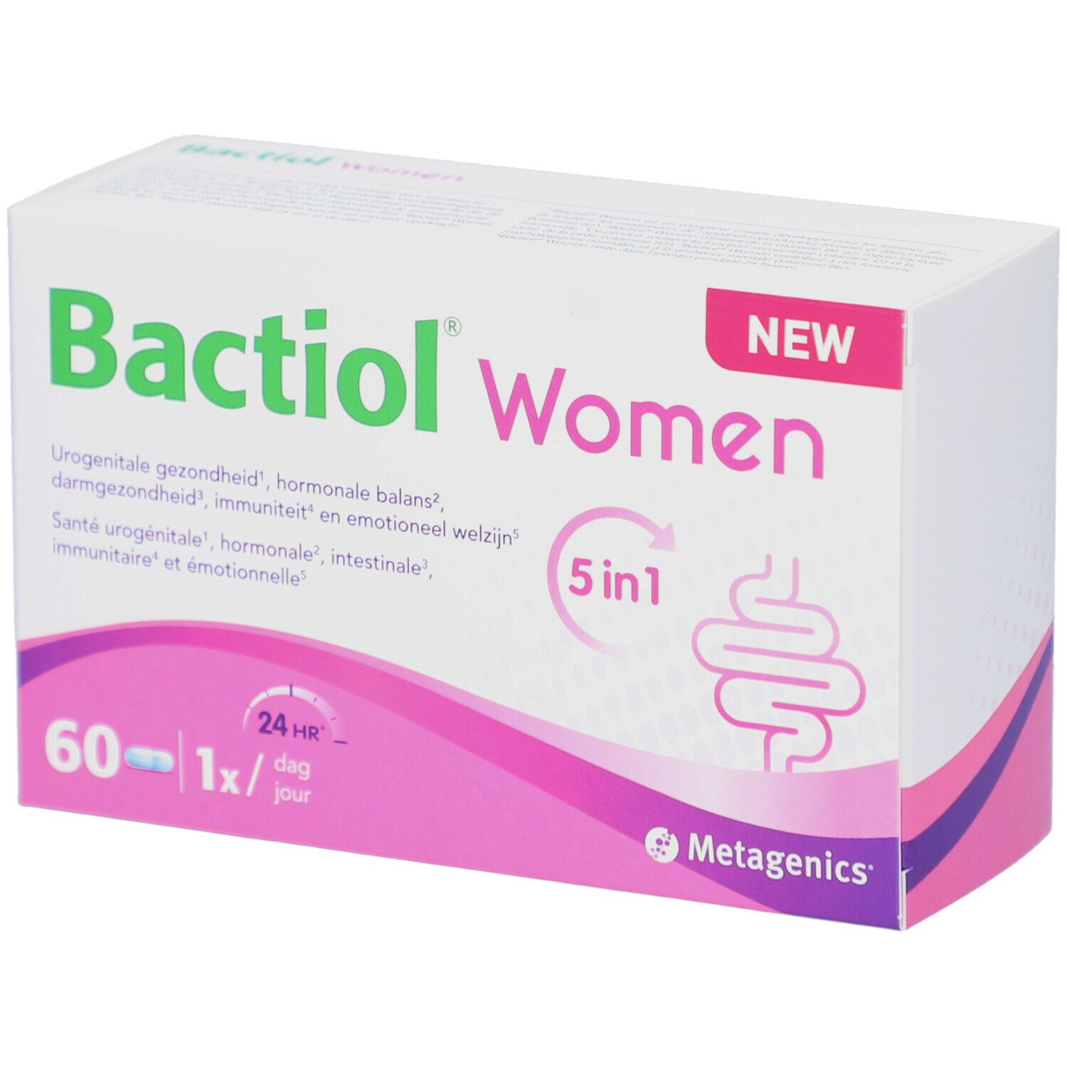 Verpackung von Bactiol Women. Enthält 60 Kapseln. Mit Aufschrift "NEW".
