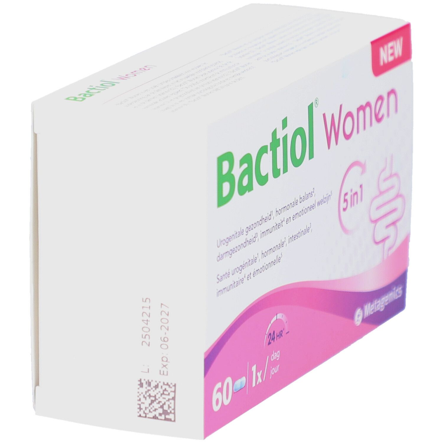 Seitenansicht der Bactiol Women Verpackung. Enthält 60 Kapseln. Mit Aufschrift "NEW".