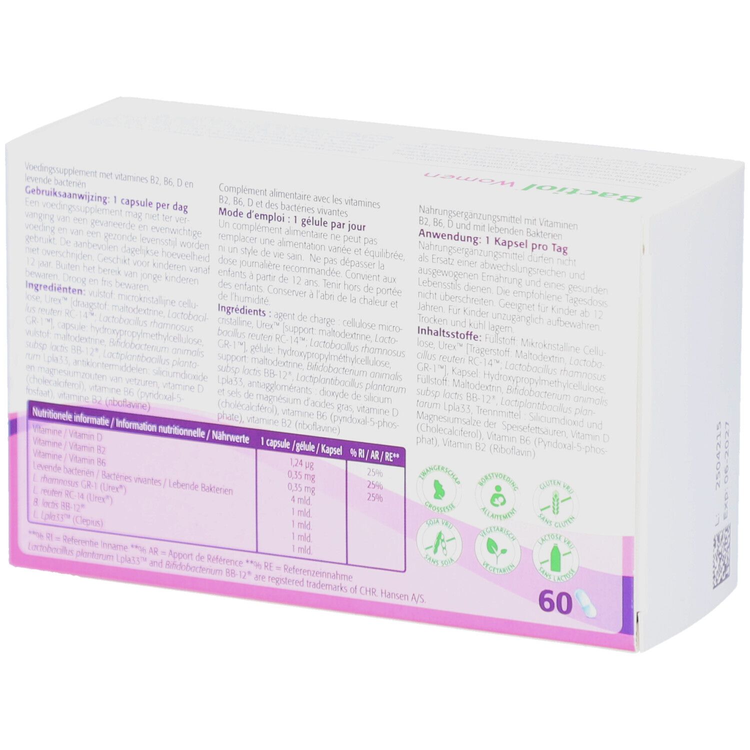 Rückseite der Bactiol Women Verpackung. Enthält Informationen und Inhaltsstoffe.