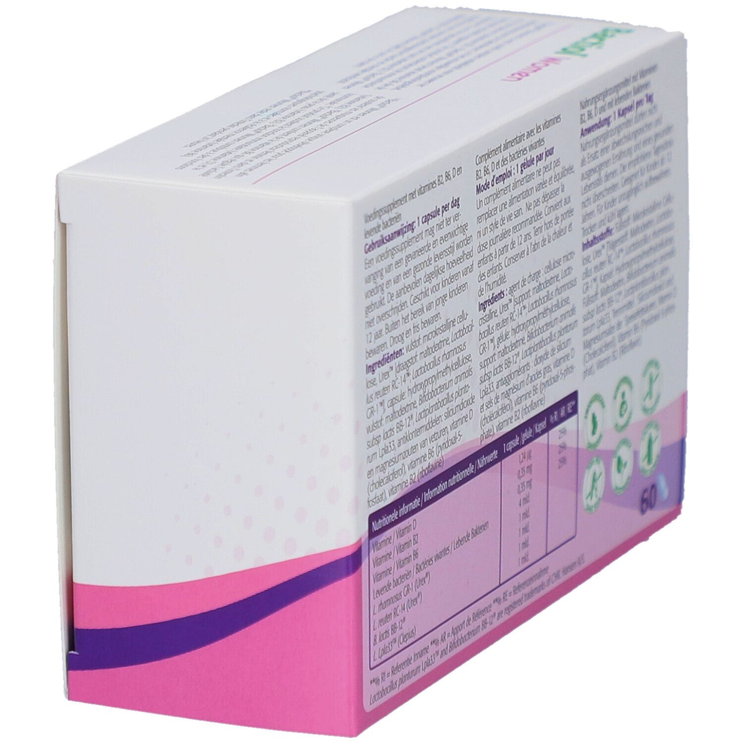 Schräge Ansicht der Rückseite der Bactiol Women Verpackung. Enthält Informationen.