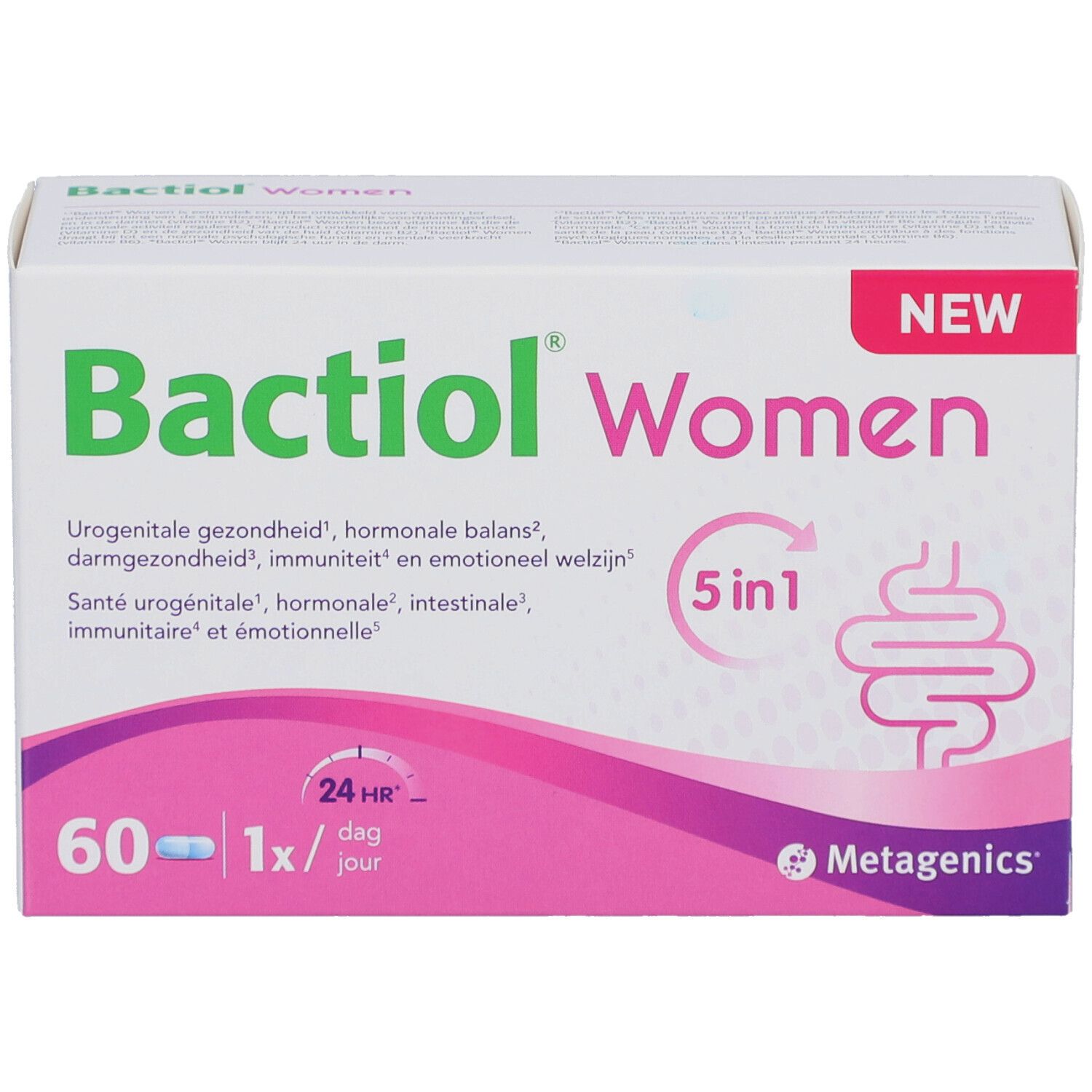 Verpackung von Bactiol Women. Enthält 60 Kapseln. Mit Aufschrift "NEW".