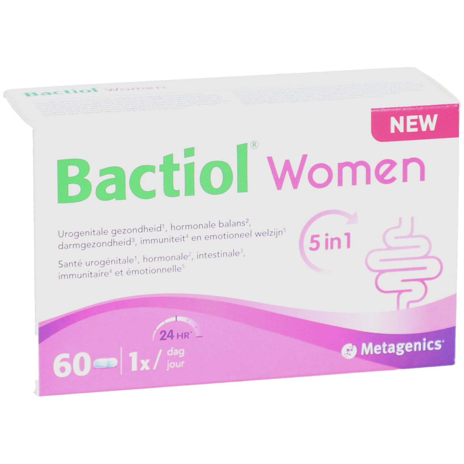 Verpackung von Bactiol Women. Enthält 60 Kapseln. Mit Aufschrift "NEW".