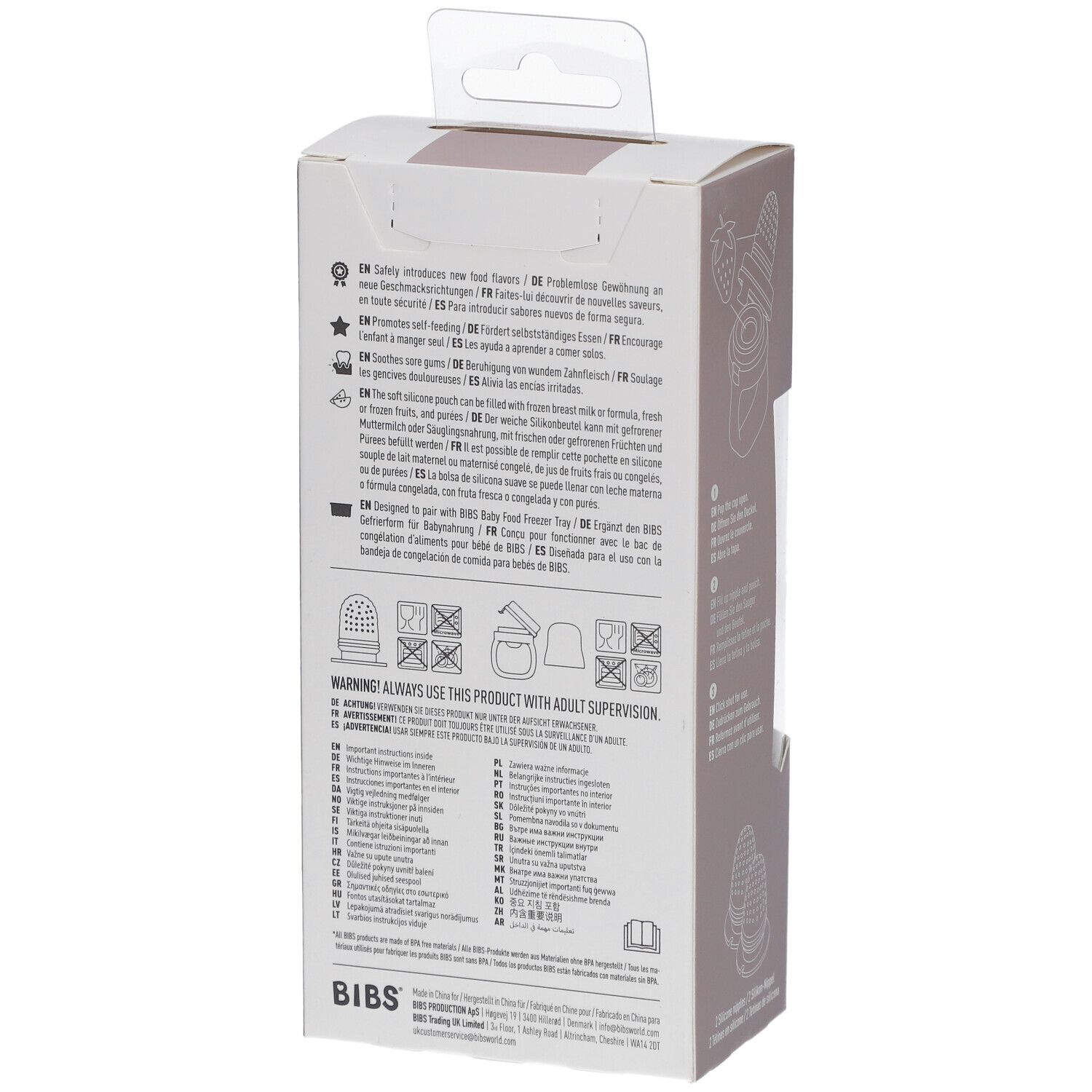 Rückseite der BIBS Baby Feeder Blush Verpackung. Text in verschiedenen Sprachen. Warnhinweise und Produktinformationen.