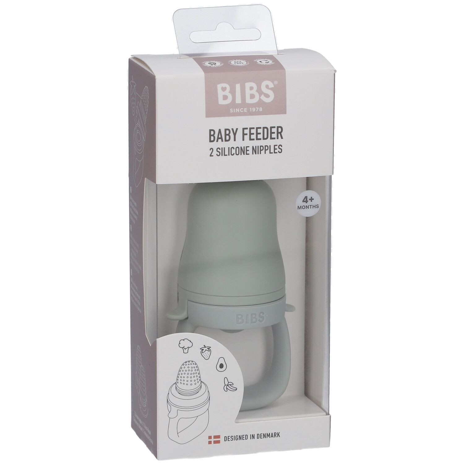 BIBS Baby Feeder in Verpackung. Hellgrüner Silikon-Feeder mit Griffen. Altersempfehlung: 4+ Monate. Hergestellt in Dänemark.