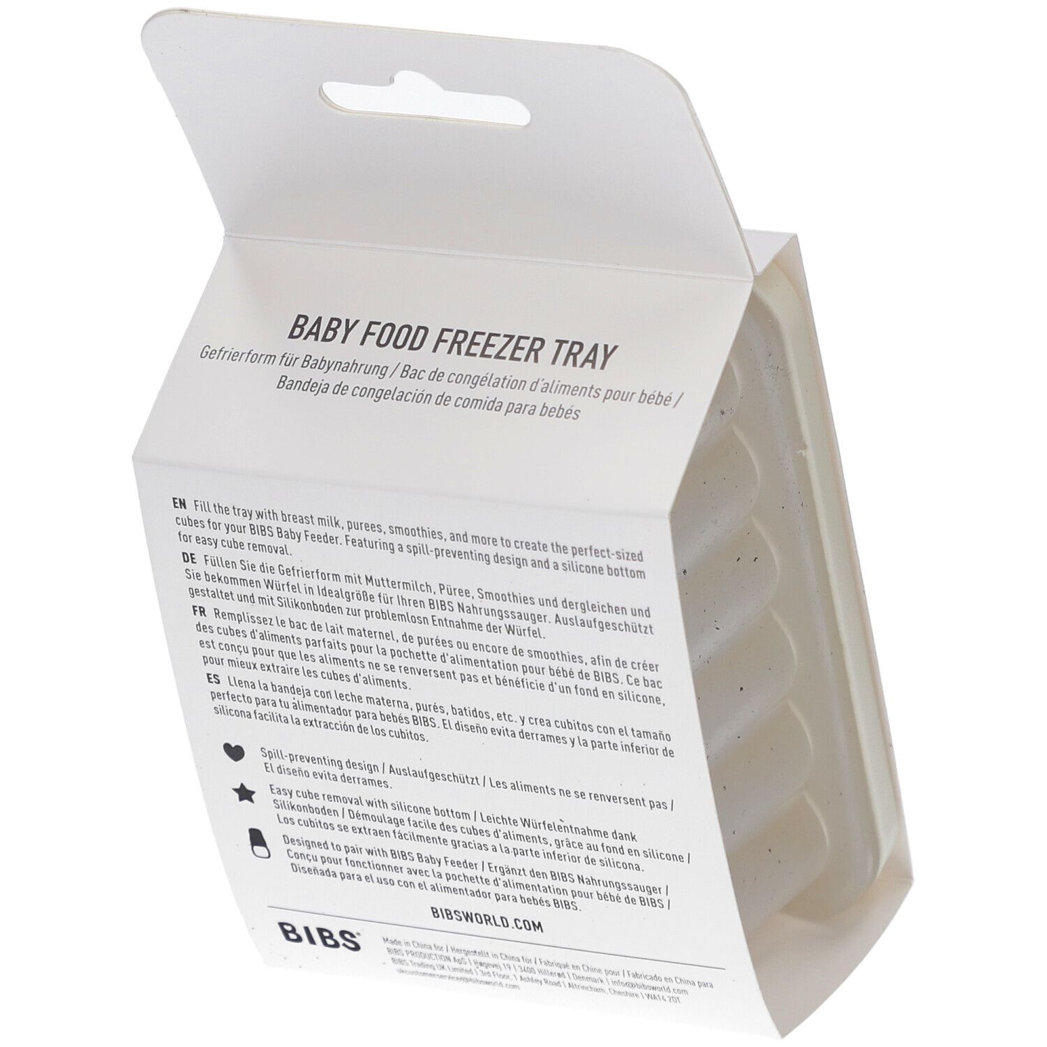 Geöffnete Verpackung des BIBS Baby Food Freezer Tray. Text in mehreren Sprachen, Produktbeschreibung.