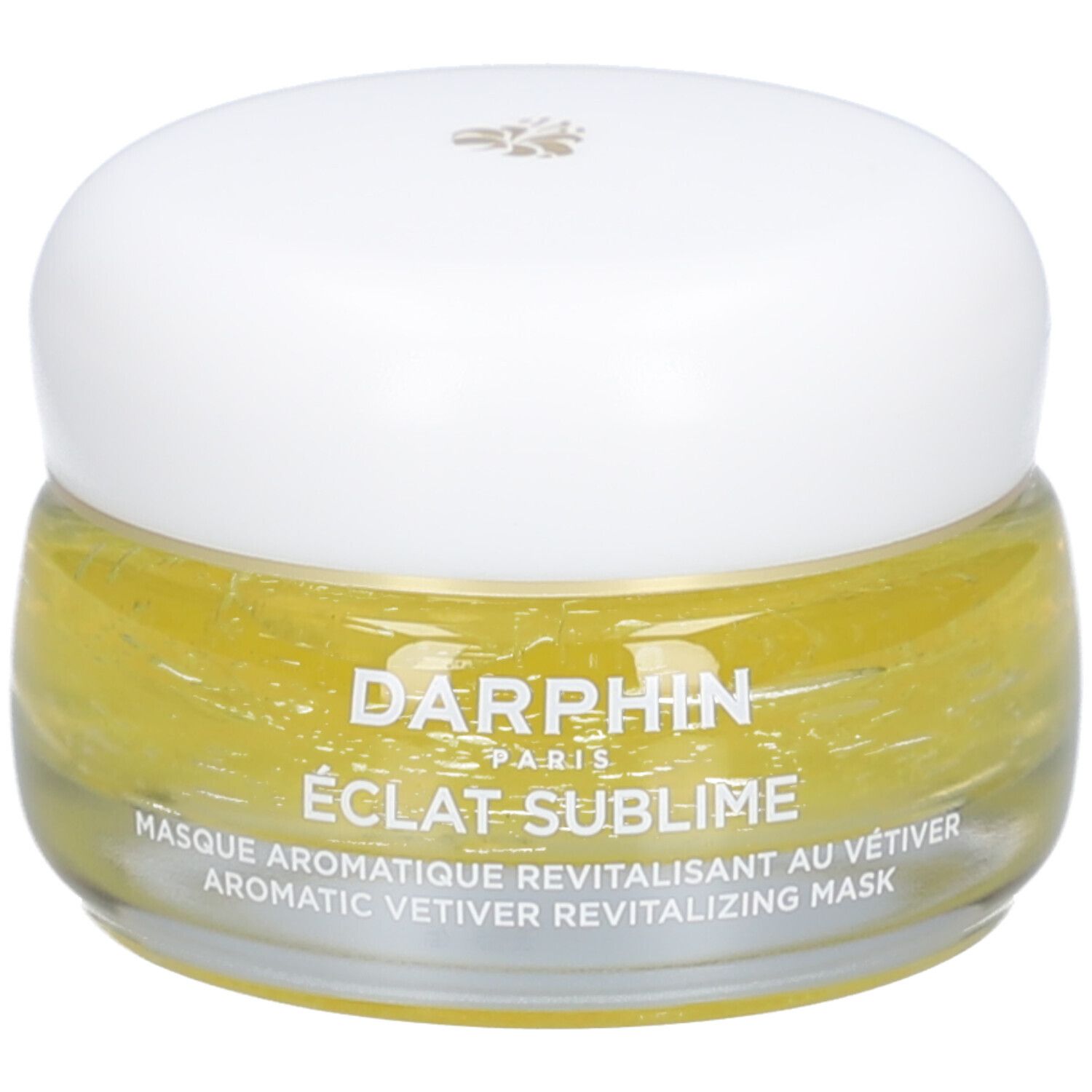 Glasbehälter mit gelber Creme und weißem Deckel. Text: Darphin, Éclat Sublime, Masque aromatique revitalisant au vétiver.