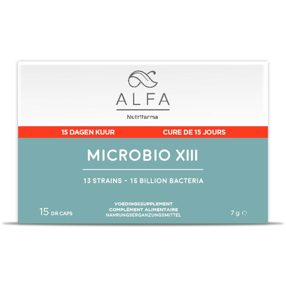 Boîte ALFA Microbio XIII. Contient 15 gélules DR. Inscription : 15 Dagen Kuur, Cure de 15 jours. 13 souches - 15 milliards de bactéries.