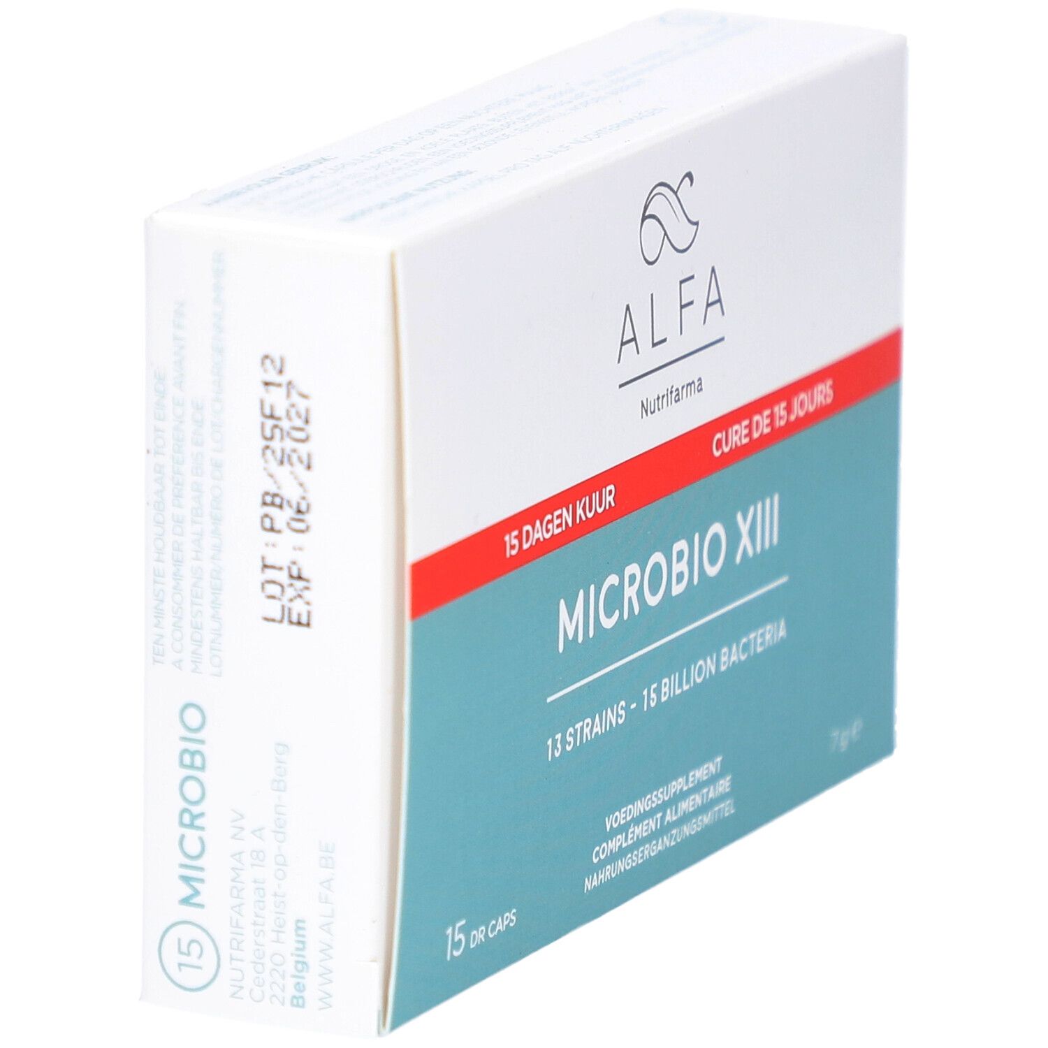 ALFA Microbio XIII-Verpackung. Enthält 15 DR-Kapseln. Aufschrift: 15 Dagen Kuur, Cure de 15 jours. 13 Stämme - 15 Milliarden Bakterien.
