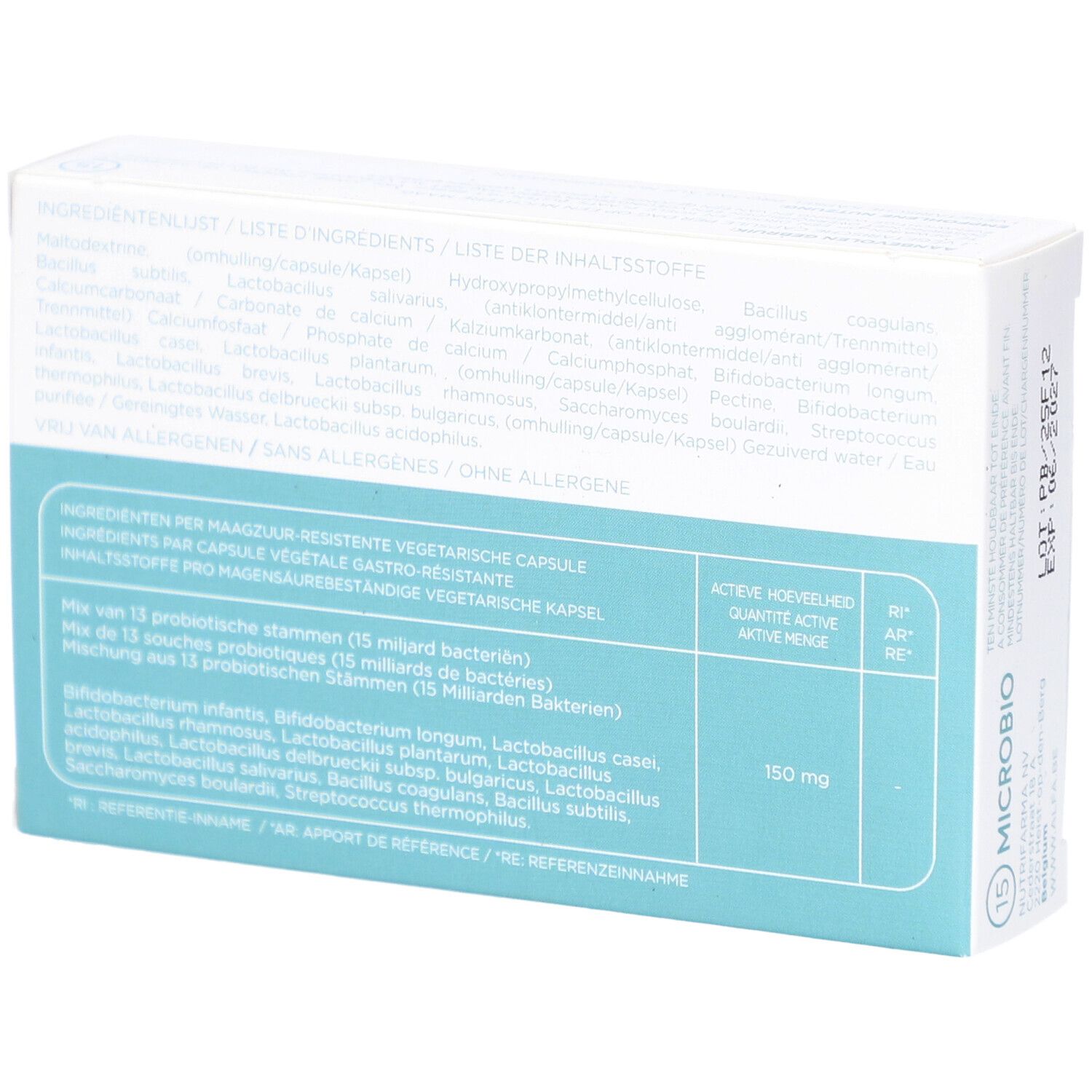 ALFA Microbio XIII-Verpackung. Rückseite mit Inhaltsstoffen und Nährwertangaben. Enthält 15 DR-Kapseln. Text in mehreren Sprachen.