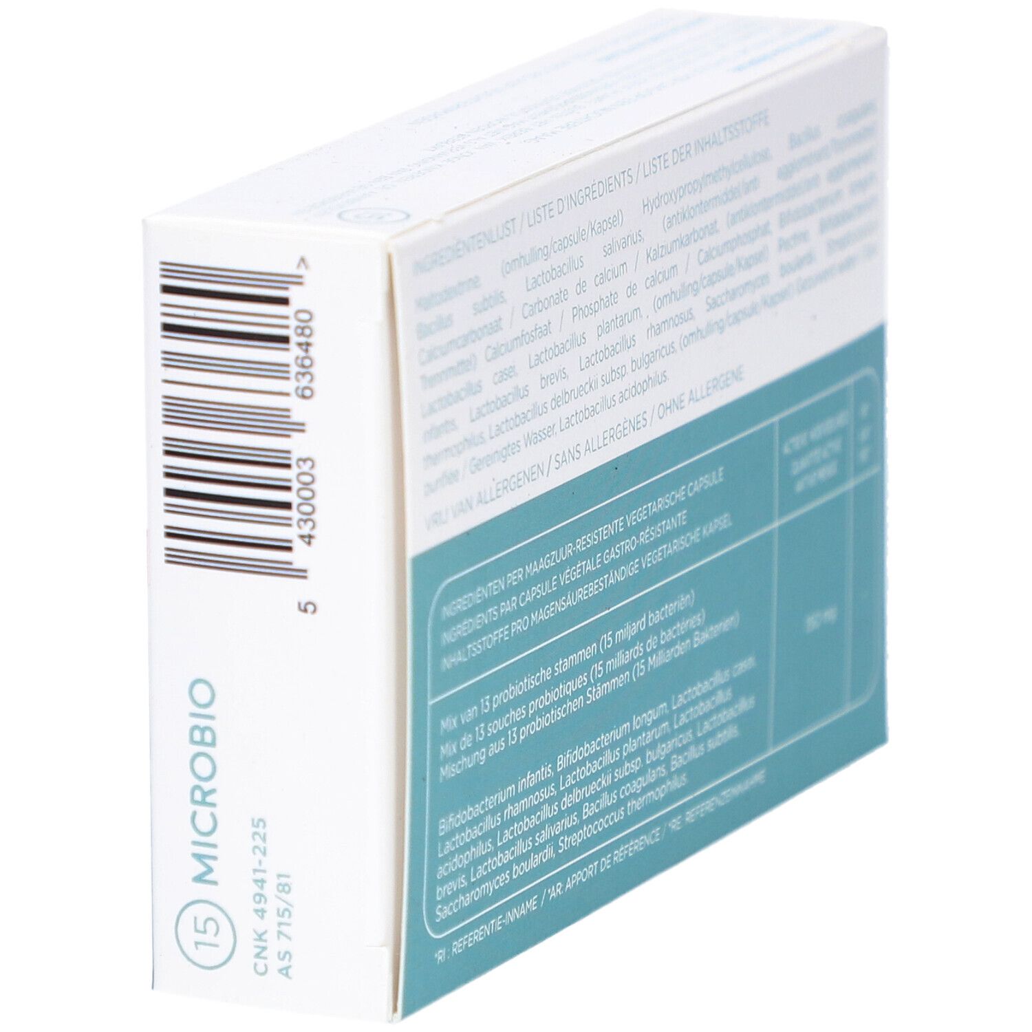 ALFA Microbio XIII-Verpackung. Rückseite mit Inhaltsstoffen und Nährwertangaben. Enthält 15 DR-Kapseln. Text in mehreren Sprachen.