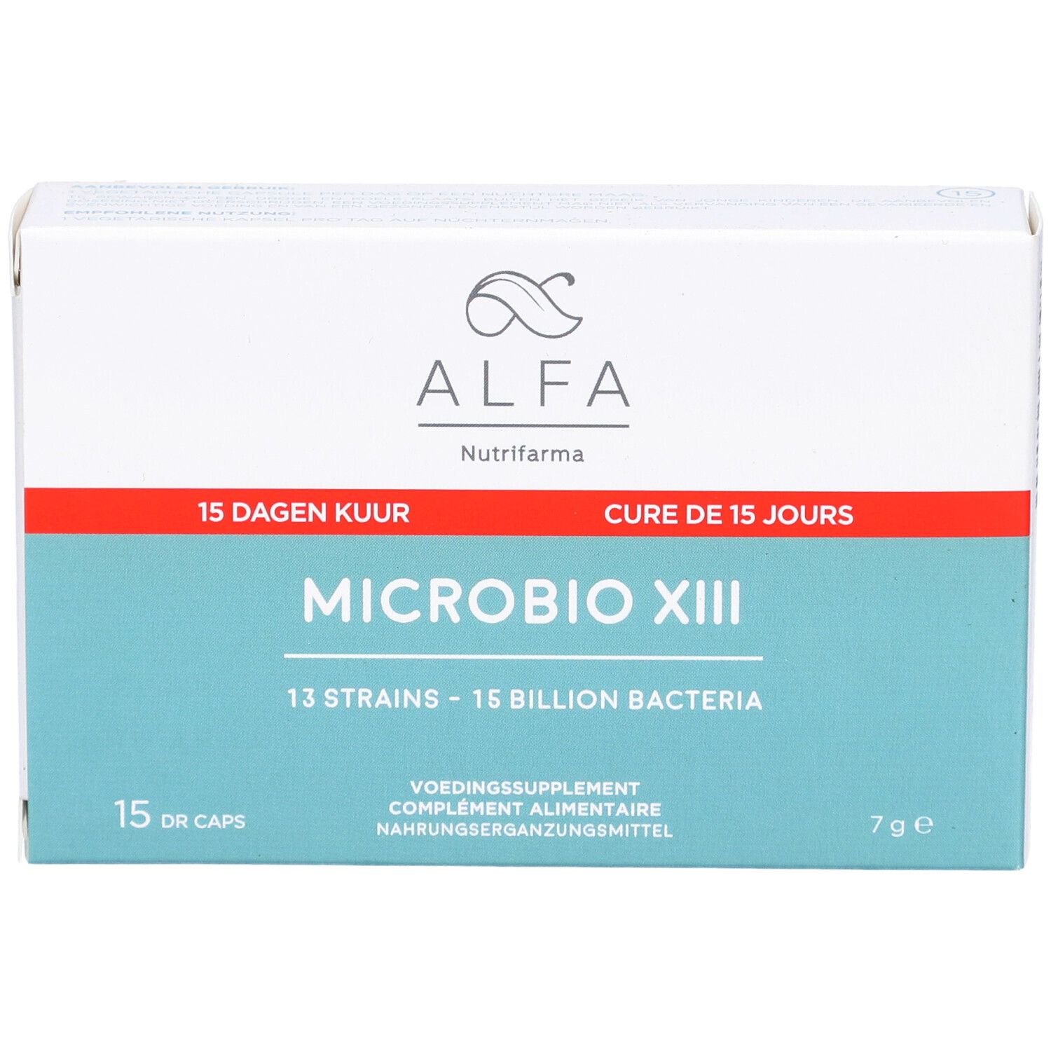 ALFA Microbio XIII-Verpackung. Enthält 15 DR-Kapseln. Aufschrift: 15 Dagen Kuur, Cure de 15 jours. 13 Stämme - 15 Milliarden Bakterien.