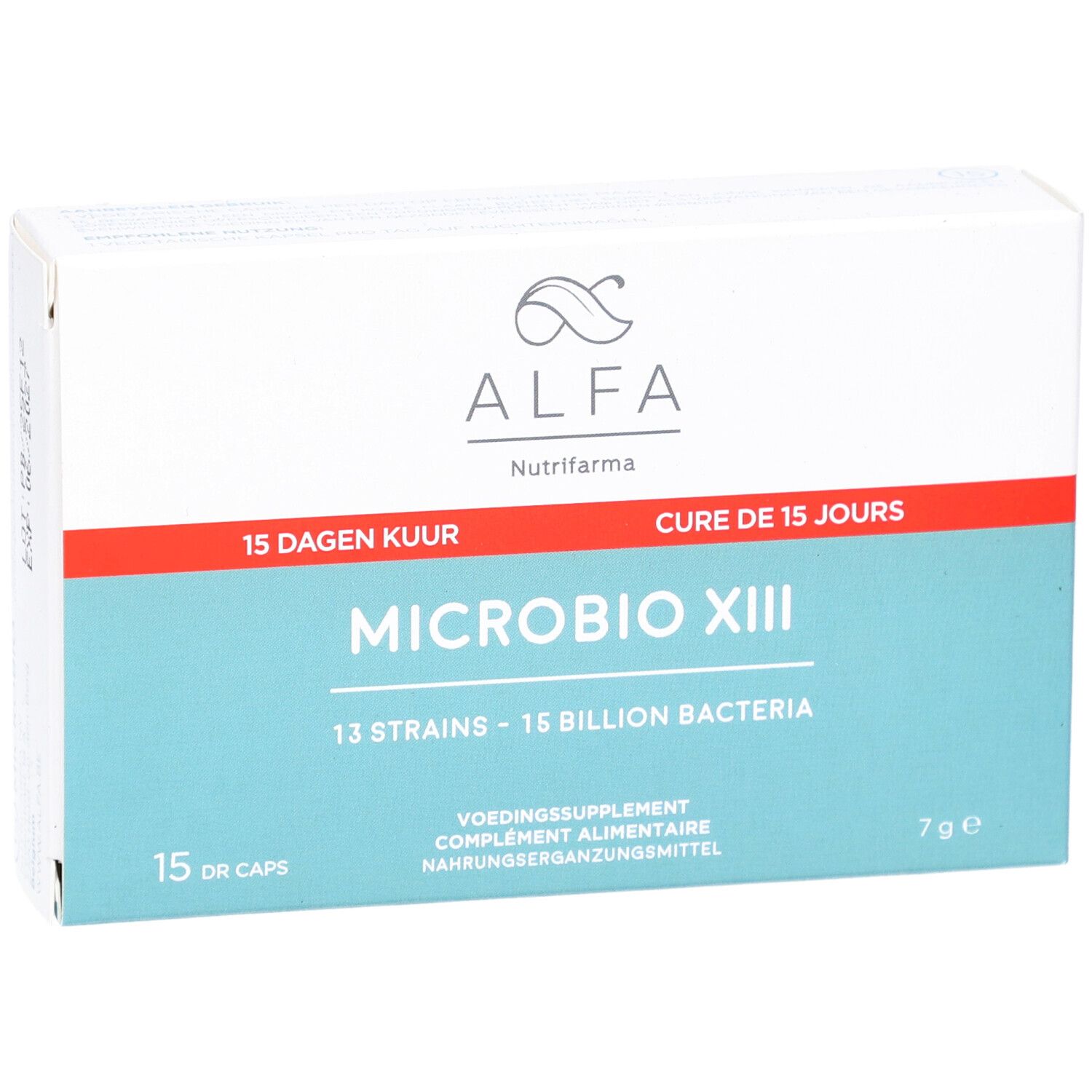 ALFA Microbio XIII-Verpackung. Enthält 15 DR-Kapseln. Aufschrift: 15 Dagen Kuur, Cure de 15 jours. 13 Stämme - 15 Milliarden Bakterien.
