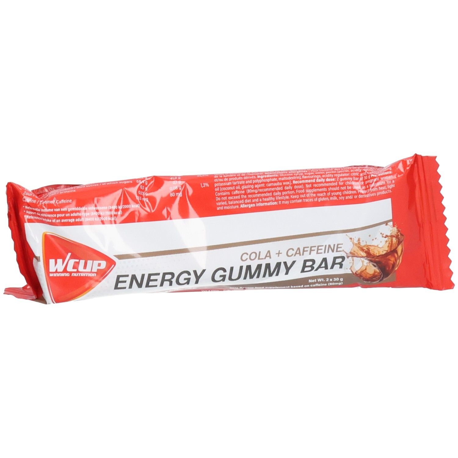 WCUP Energy Gummy Bar Cola + Koffein in roter und weißer Verpackung.