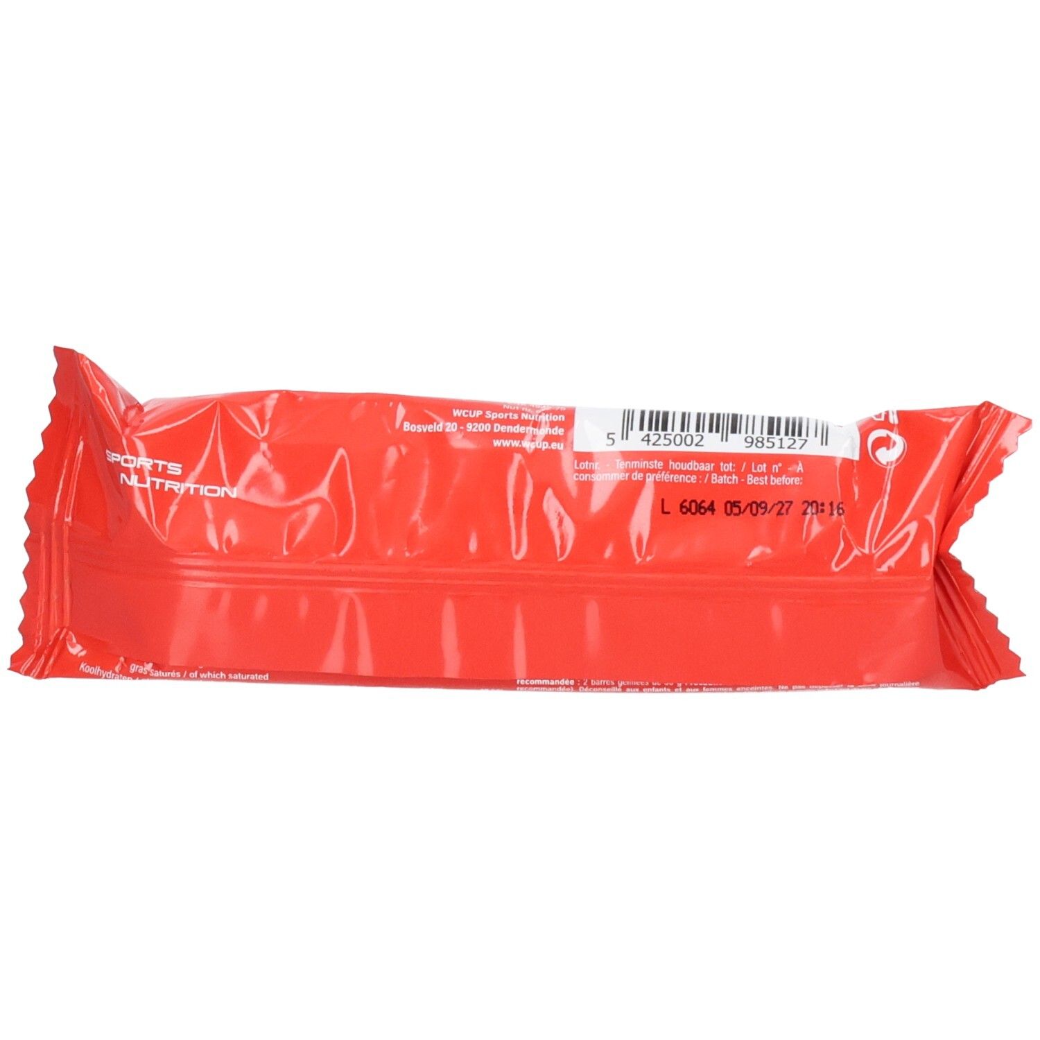 Rückseite der WCUP Energy Gummy Bar Cola + Koffein Verpackung mit Barcode und Haltbarkeitsdatum.