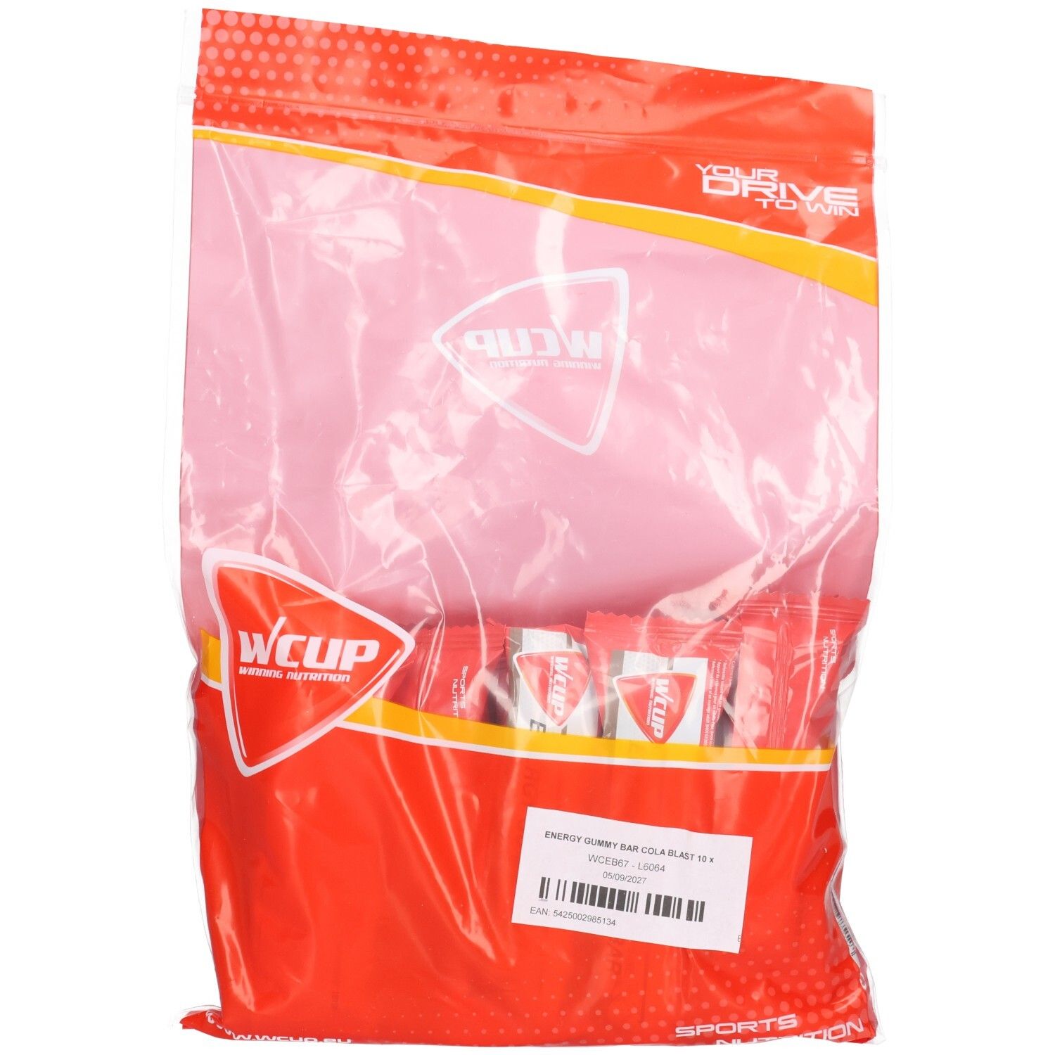 Verpackung mit Wcup Energy Gummy Bar Cola Blast. Rote und rosa Plastiktüte mit Produktbeuteln. Sichtbares Logo und Etikett.