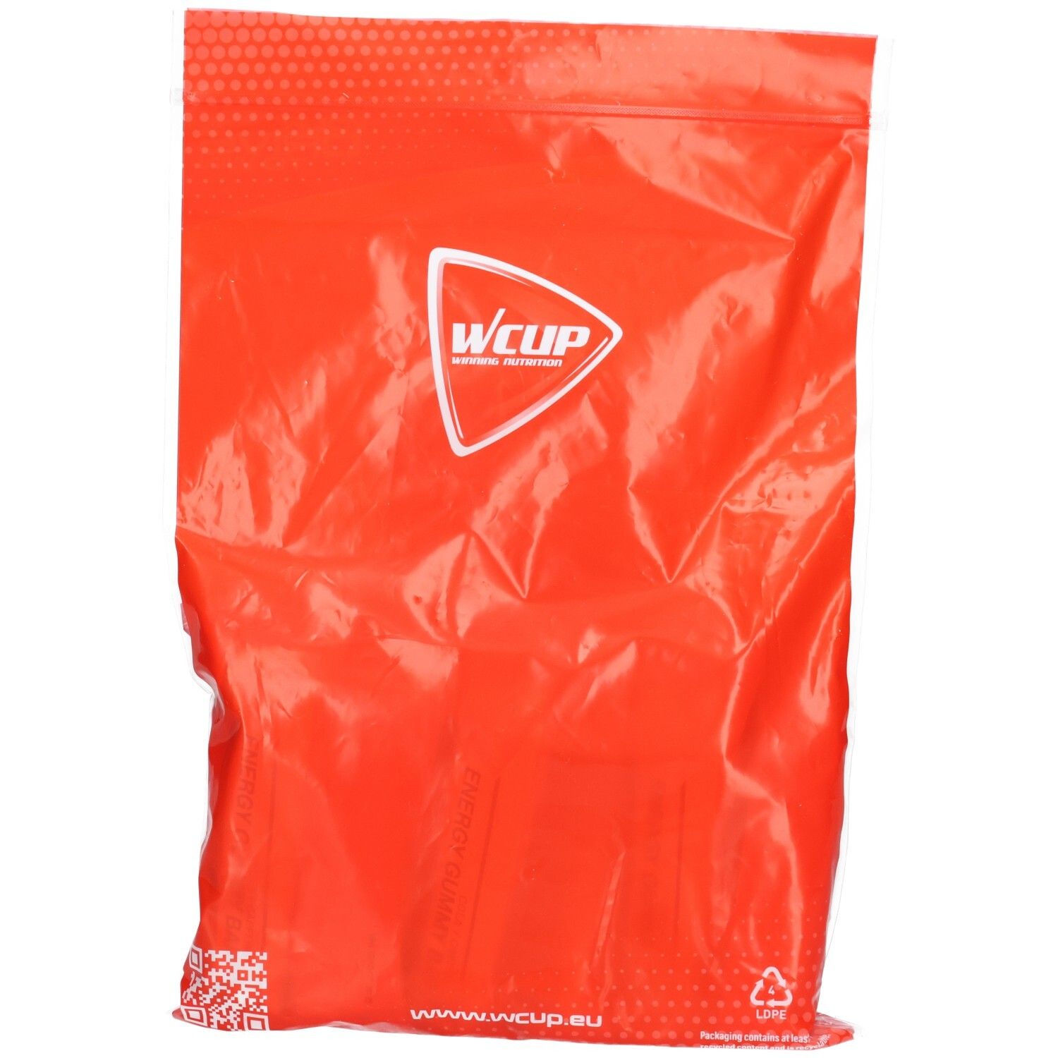 Rote Verpackung mit Wcup-Logo. Plastiktüte mit weißem Logo. Text und QR-Code unten.