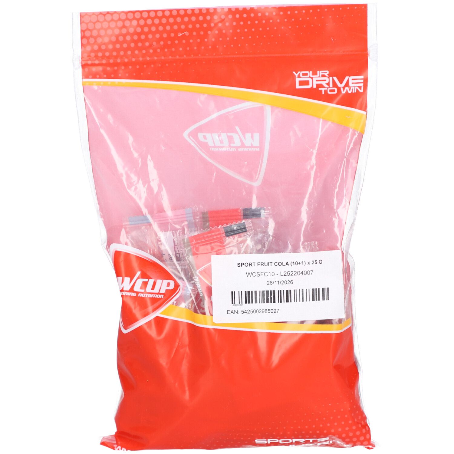 Transparente Tüte mit WCUP-Logo und Produktbezeichnung. Enthält kleine, rote und schwarze Beutel. Barcode und Haltbarkeitsdatum.