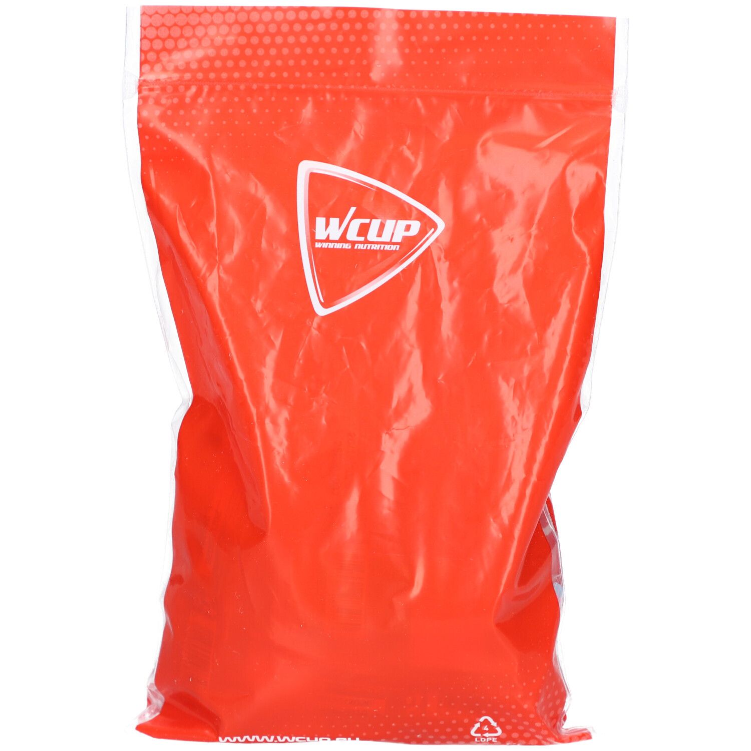 Orangene Tüte mit WCUP-Logo. Die Verpackung ist transparent. Der Hintergrund ist weiß.